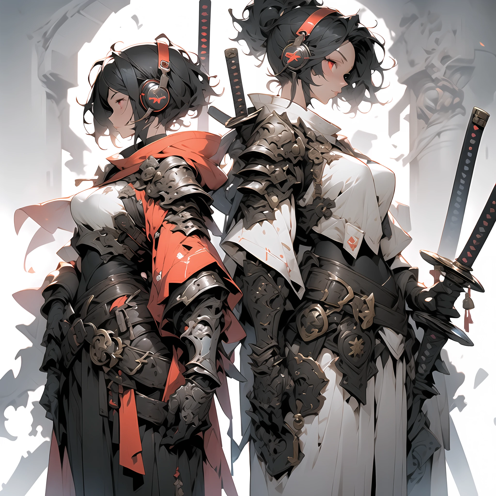 ((holy Angel)),Create an AI illustration of a young girl with black short hair, shiny hair, colored inner hair, floating hair, red eyes, (eyepatch), and headphones. She resembles a samurai, (She wears Japanese armor), She wears armor while pairing it with a miniskirt, showcasing her unique style. Please generate the illustration in the highest quality possible. oblique view view, facial profile, hyper detailed, intricate detailed, Wide shot of ruins, in a photorealistic 4DCG style.