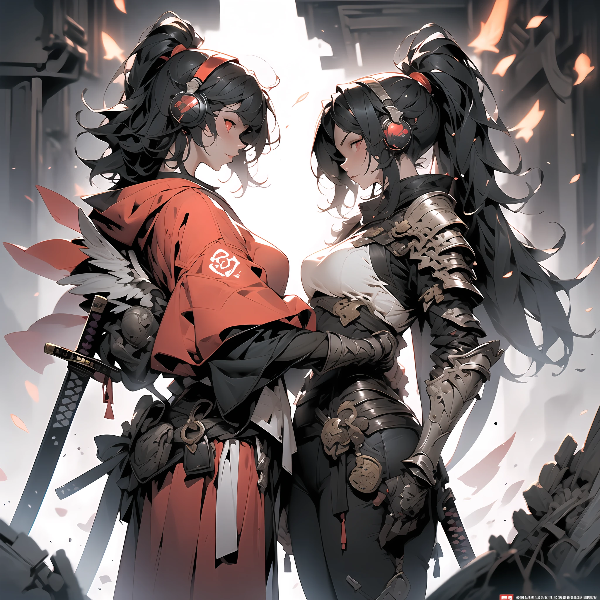((holy Angel)),Create an AI illustration of a young girl with black short hair, shiny hair, colored inner hair, floating hair, red eyes, (eyepatch), and headphones. She resembles a samurai, (She wears Japanese armor), She wears armor while pairing it with a miniskirt, showcasing her unique style. Please generate the illustration in the highest quality possible. oblique view view, facial profile, hyper detailed, intricate detailed, Wide shot of ruins, in a photorealistic 4DCG style.