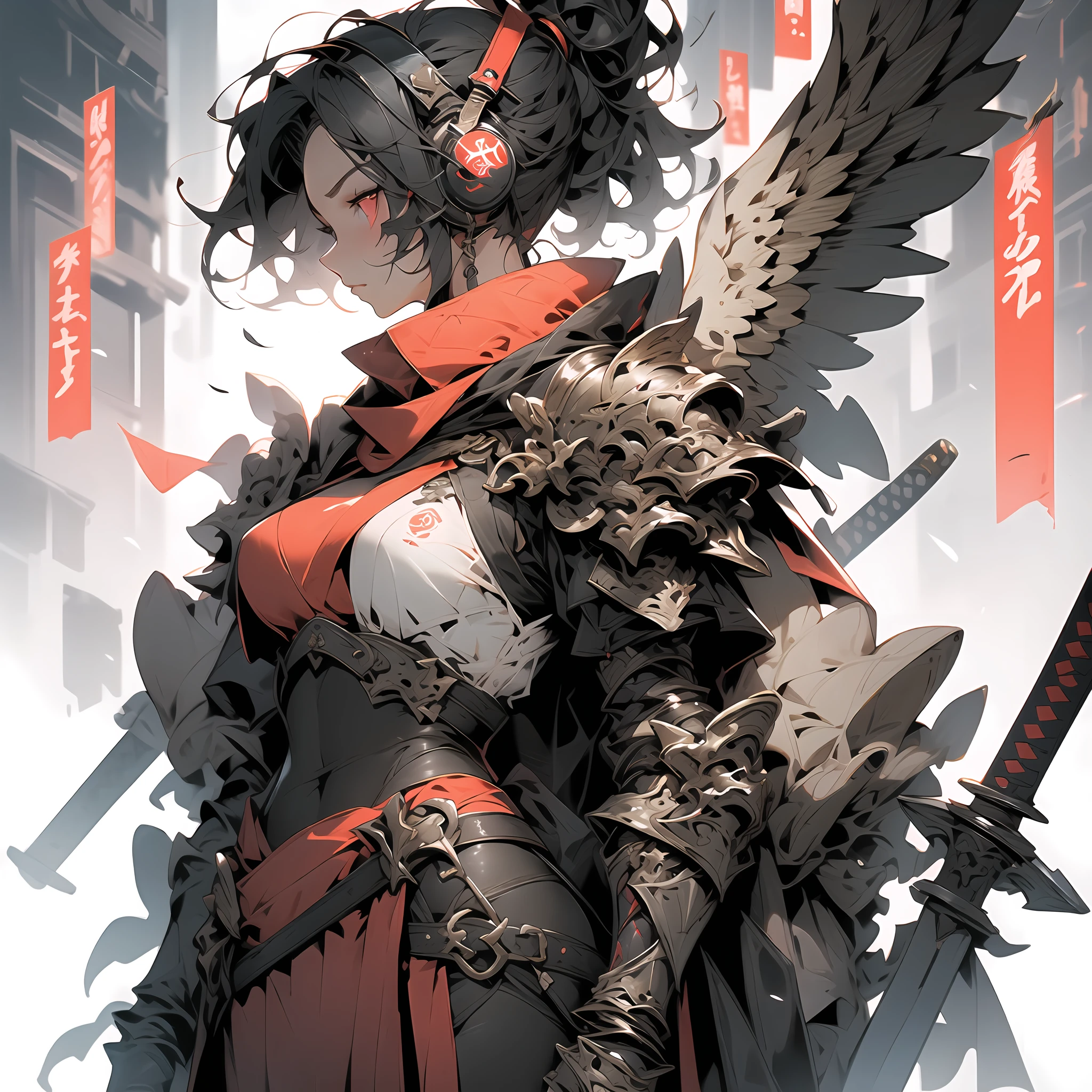 ((holy Angel)),Create an AI illustration of a young girl with black short hair, shiny hair, colored inner hair, floating hair, red eyes, (eyepatch), and headphones. She resembles a samurai, (She wears Japanese armor), She wears armor while pairing it with a miniskirt, showcasing her unique style. Please generate the illustration in the highest quality possible. oblique view view, facial profile, hyper detailed, intricate detailed, Wide shot of ruins, in a photorealistic 4DCG style.