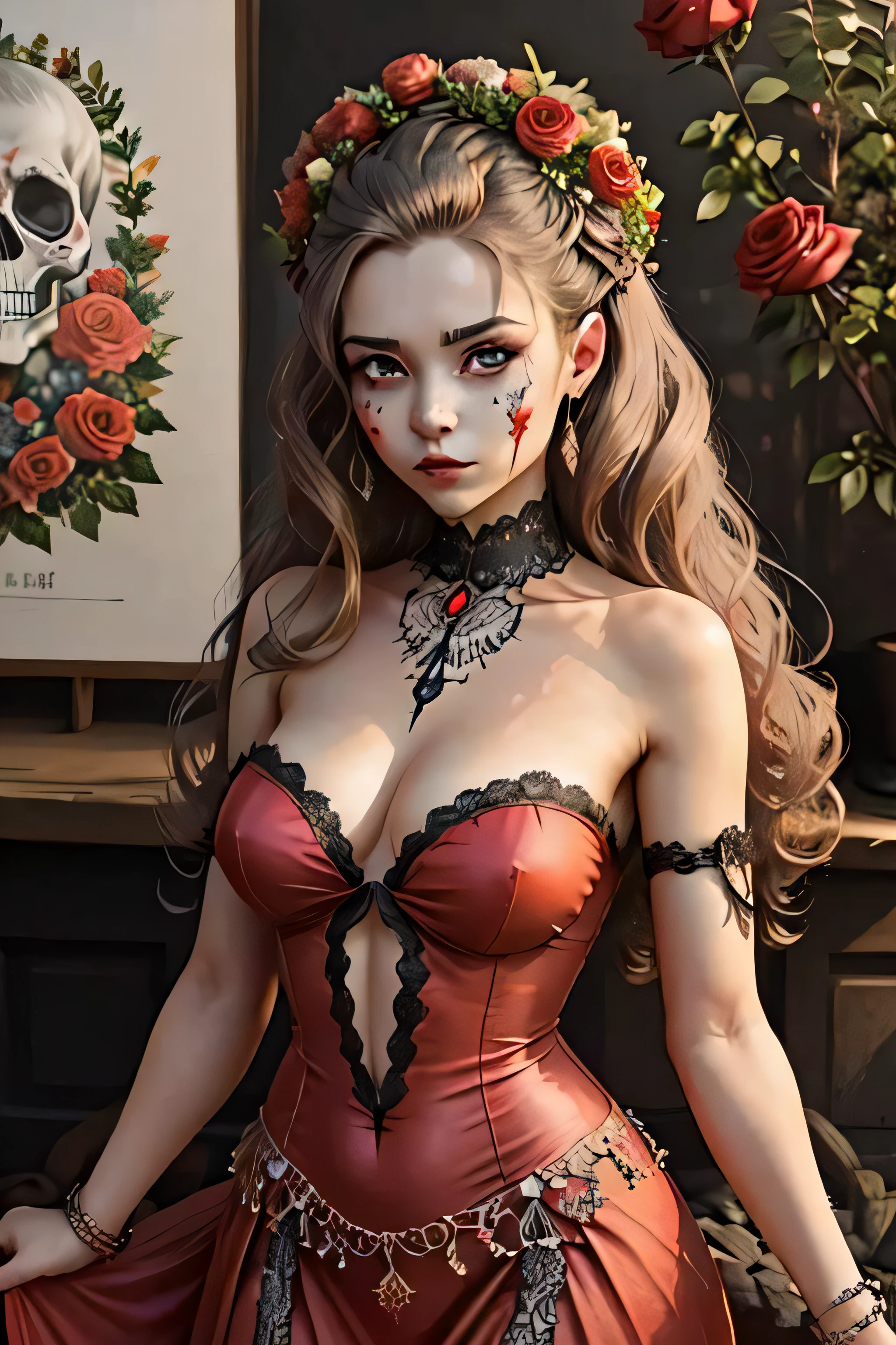 a pretty cute woman with curly long hair, detailed mexican muertos queen colorful face art, wreath of roses (on head:1.4), detailed long red dress with black lace details, body portrait, gray detailed eyes,
hand101