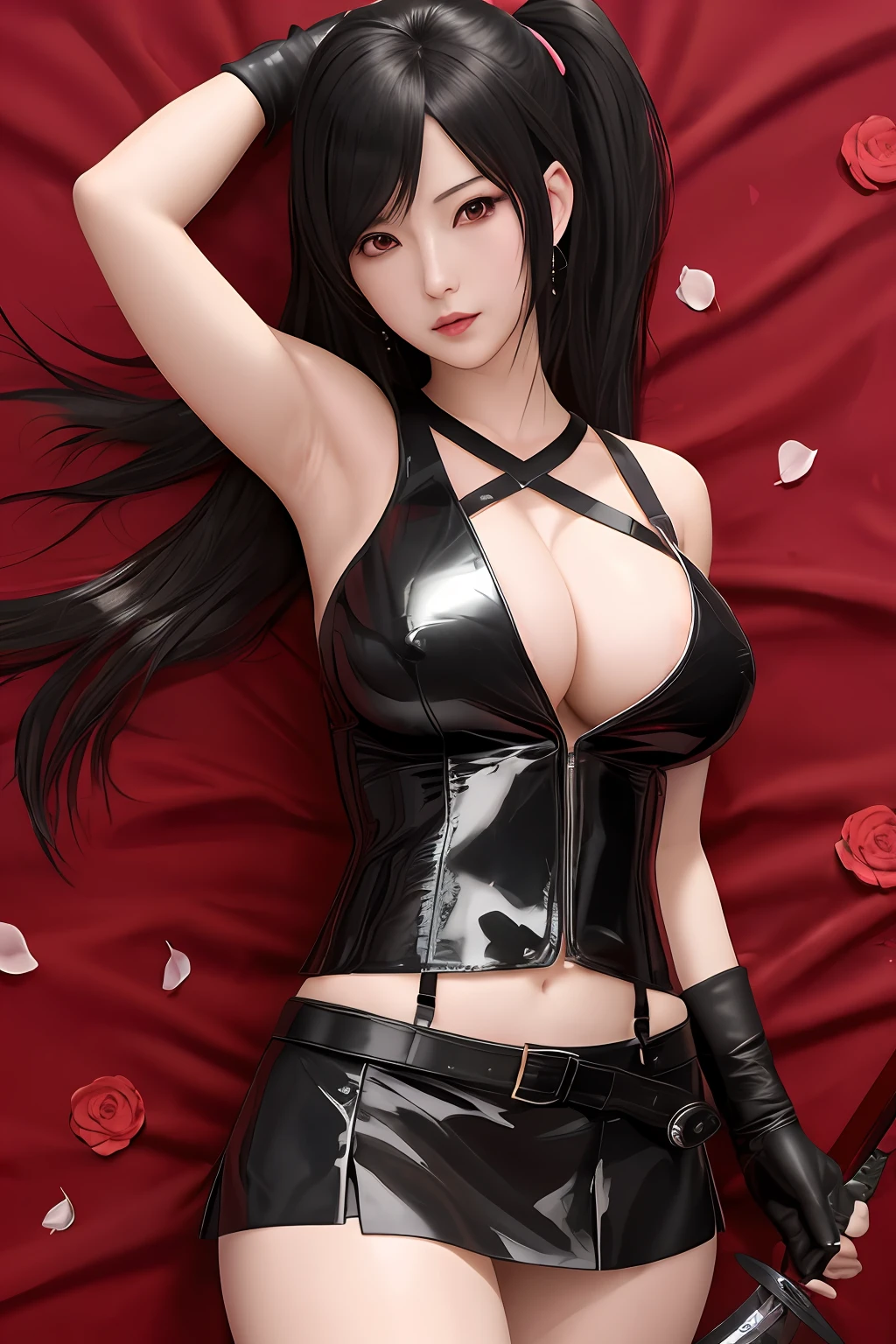 Sexy Japan woman in black leather dress with sword and rose petals, a short skirt、Beautiful facial features、Beautiful bust、Ultra mini skirt、I can see the white panties、beautiful thigh、poneyTail、Beautiful panties、Beautifully constricted waist、Beautiful belly button、seductive tifa lockhart portrait, Tifa Lockhart, Tifa, glamorous tifa lockheart, tifa lockhart portrait, by Yang J, Tifa Lockhart, Portrait of Tifa Lockhart, ig model | ArtGerm, Trending on CGSTATION, beautiful alluring anime woman