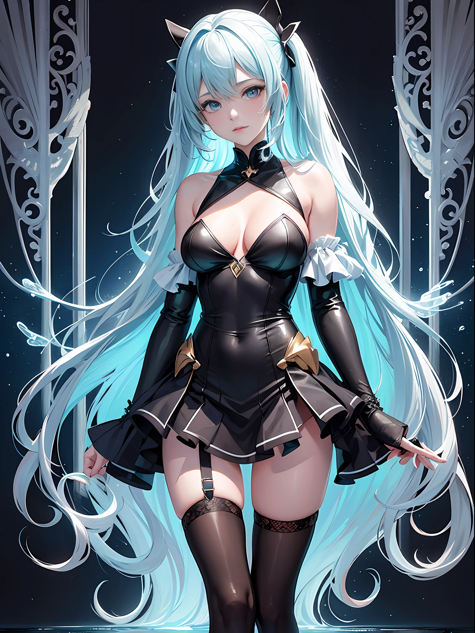 (quality:0)
8K, 8K wallpaper, (Extremely Delicately Beautiful:1.1), (Beautiful detailed eyes:1.3), (Best Illustration:1.1), (Best quality:1.3), (Best shadow:1.1), (Cinematic lighting:1.2), Detailed eyes, (Detailed_Light:1.1), (Dreamy:1.1), (Highly detailed CG unity 8k wallpaper:1.1), A high resolution, (masutepiece:1.3), Official_art book, Ray tracing, (Stylized:1.3), Art Street Fashion Trends, (Supergianthugebreasts_Detailed:1.2)
(Style & composition:0)
1girl in, (Translucent fluid flowing from the_Below, full_Body:1.4), Solo
(Pose & expression:0)
Blush, Head_tilt, Legs_separate, Lips_separate, up looking_Big breasts and big breasts_peeping at the viewer, standing, Boring
(Character:0)
Aqua_Eyes, Aqua_Hair, Aqua_double tails, argyle_Pantyhose, black_Pantyhose, Bare_bshoulders, black_shirt, black_sater, Breasts_separate, crop_Top, croped_shirt, 鎖骨, hatsune_Os amigos, High_Heels, high-waist_Skirt, Lips, Long_Sleeves, Makeup, (Messy_Hair:1.2), tartan_Skirt, Shiny_Hair, shrugged shoulders_\(Clothing\), (small_Breasts:1.3), Very_Long_Hair