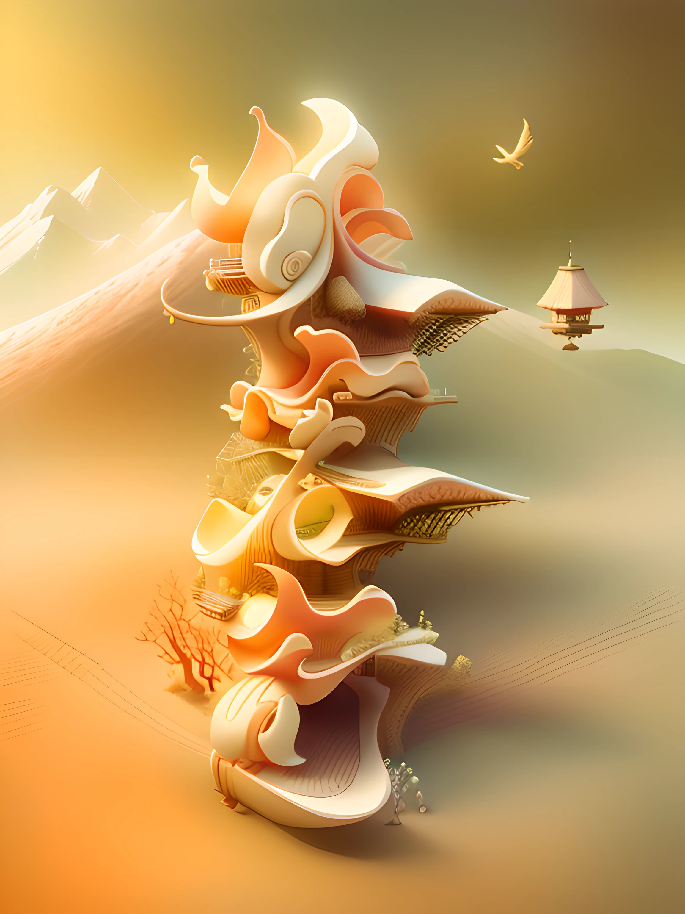 samurais，Mountains，Pavilions，a warm color palette，