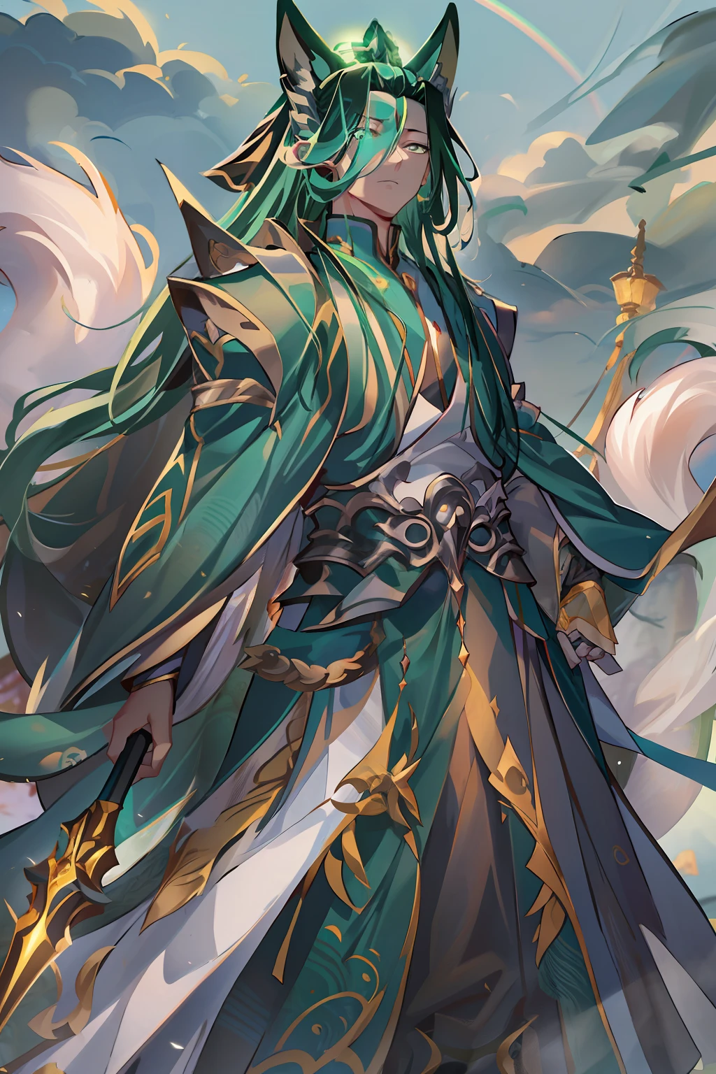 A majestic Wang Ye held a dark green long sword，Wearing inky armor，The beautiful golden eyes shone brightly。Behind him，A huge army stands，And a huge cyan fox phantom also appeared。