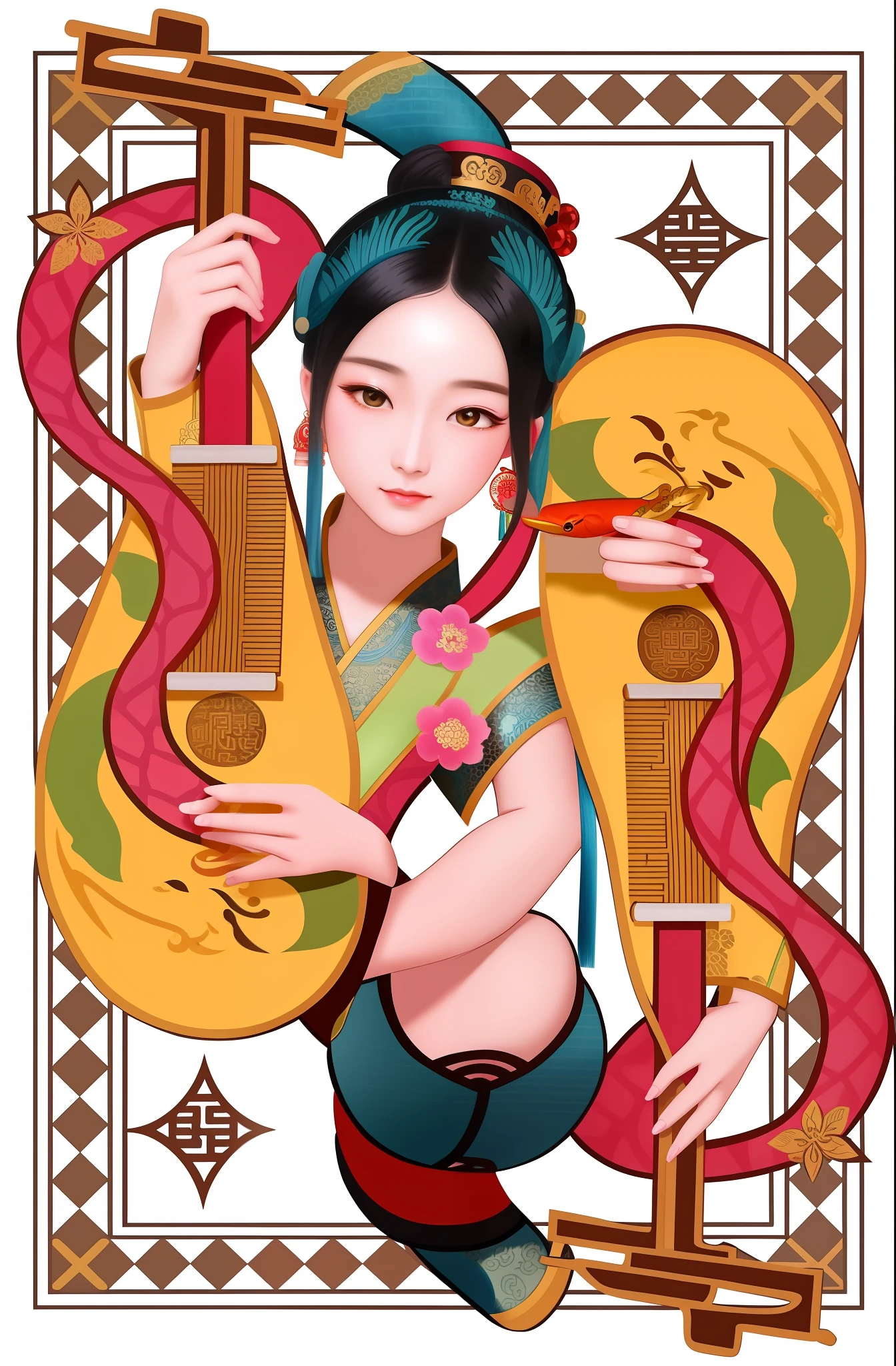 Super fine illustration of ancient Chinese queen playing instrument with snake,Inspired by Utagawa International II、Utagawa Kuniyoshi III Wakakawa Kunisaku,and the designs of Gao Kegong and Wang Yi。