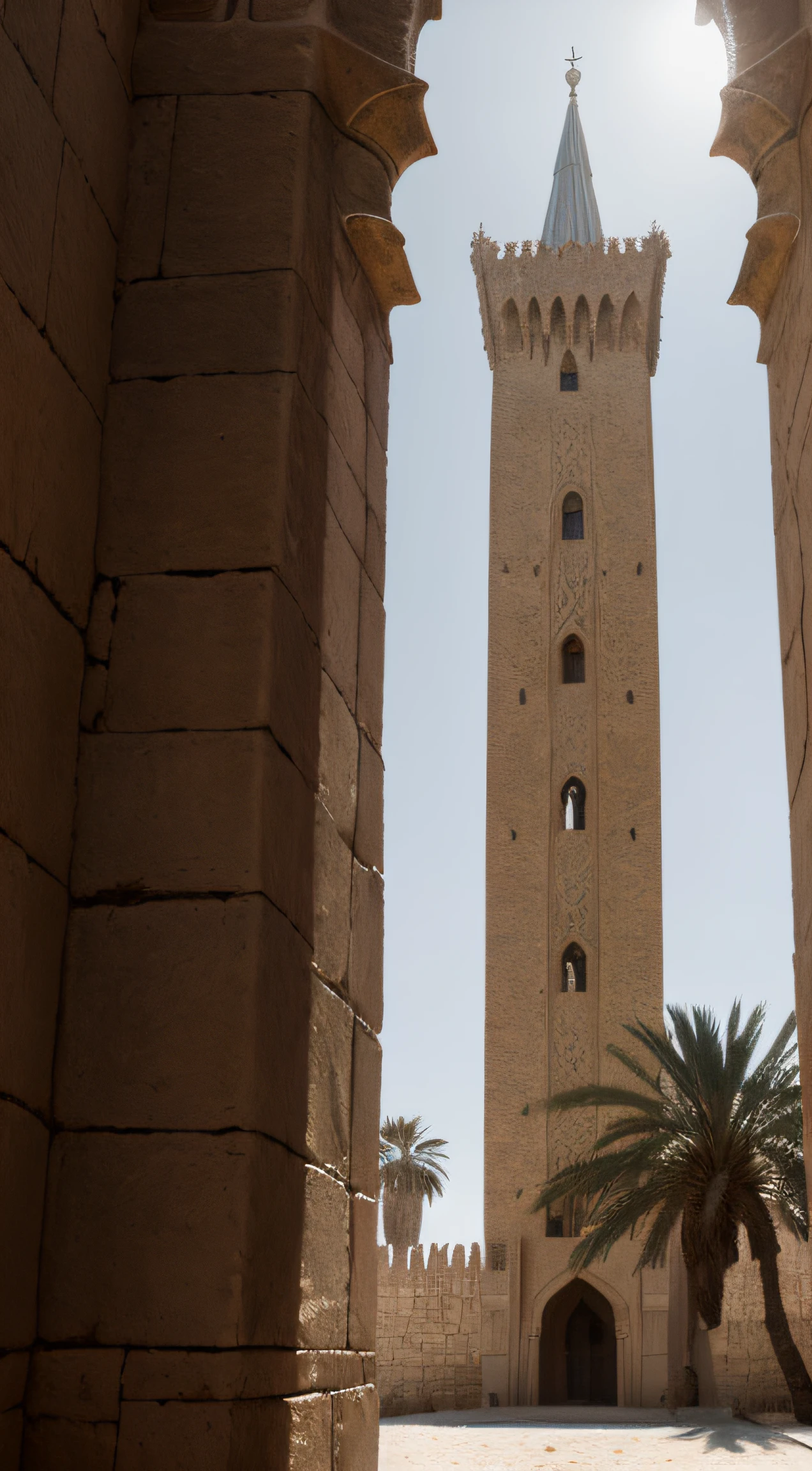 close up shot of a medieval fantasy north african traditional tower, exterior, elegant, (backlighting), granite, realistic, masterpiece, highest quality, lens flare, shade, bloom, [[chromatic aberration]], by Jeremy Lipking, by Antonio J. Manzanedo, digital painting