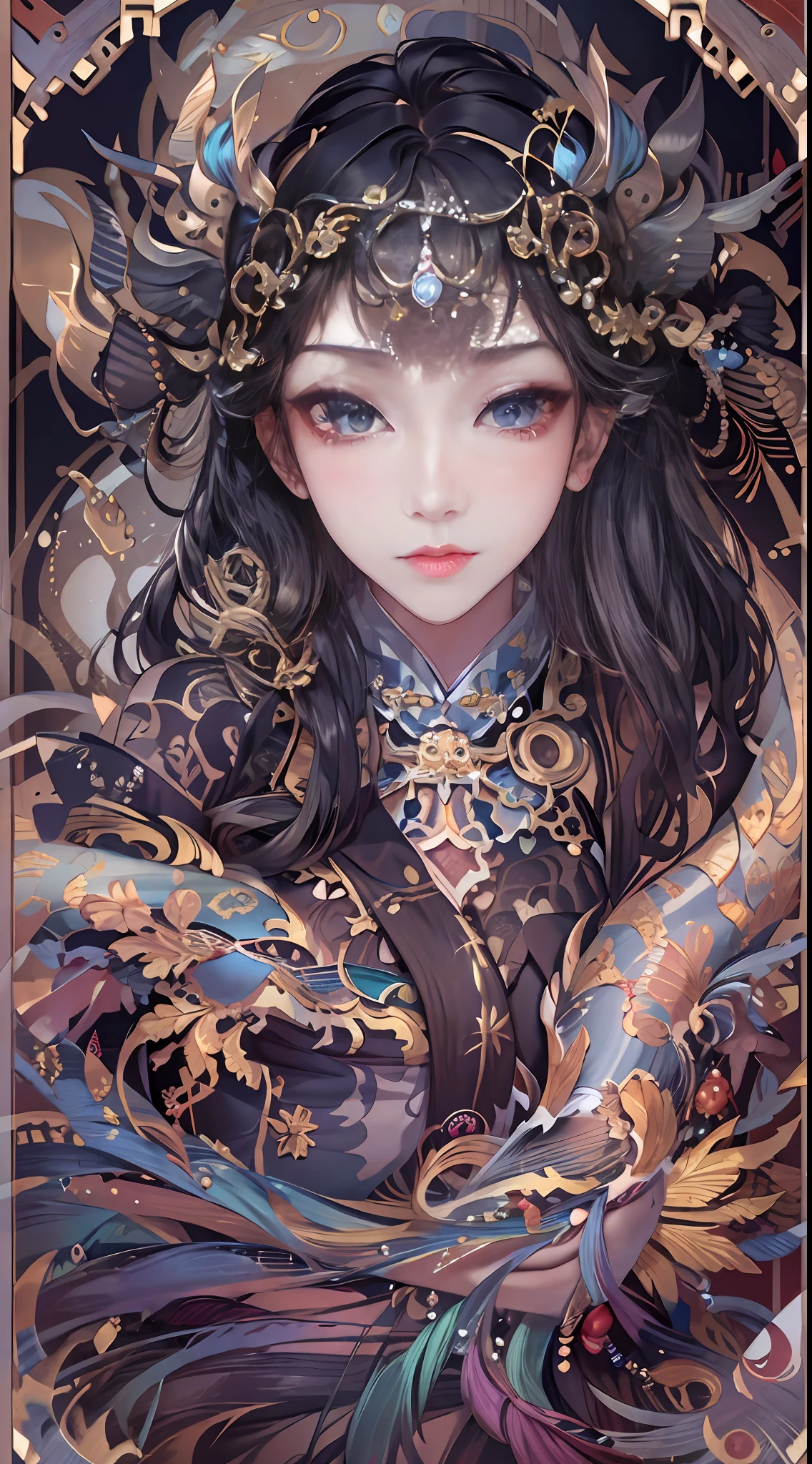 offcial art,统一 8k 壁纸,ultra - detailed,Beauty and aesthetics,tmasterpiece,best qualtiy,(zentangle,Tangled,entangle),(s fractal art:1.4),Black color hair,chineseidol,Chinese woman,The is very detailed,dynamic angle,casting spells,coloured with lots of colour,(Chaos in its most beautiful form),flowy,(vivd colour),overclocking,Chinese big breasts,(Ribbons:1.3),(dream magical:1.5),(Hanfu:1.5),chinesedragon,Chinese Phoenix,(ssmile:0.5 ),(chinese deity),Magical light and shadow,Perfect face,perfect hand