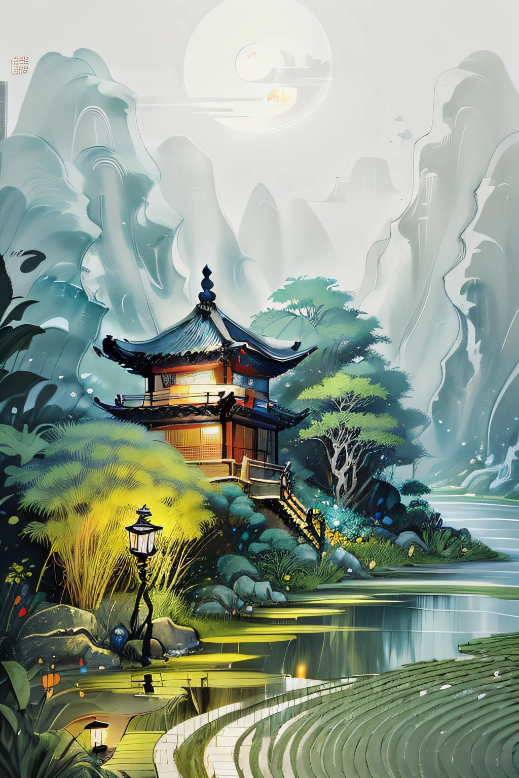 masterpiece,best quality,Chinese martial arts style,an asian night scene with lanterns and water lilies,asian pond with many lanterns and boatsa night scene with many lights and boats in the water, Lake surface, lotus flowers,beautiful night scene,(((Chinese martial arts style))), with vast sky, continuous mountains and steep cliffs, ink wash style, outline light, atmospheric atmosphere, depth of field, mist rising, bamboo, pine trees, octagonal stone pavilion, waterfall flowing water,big full moon,(No color) , Monochrome, light color,