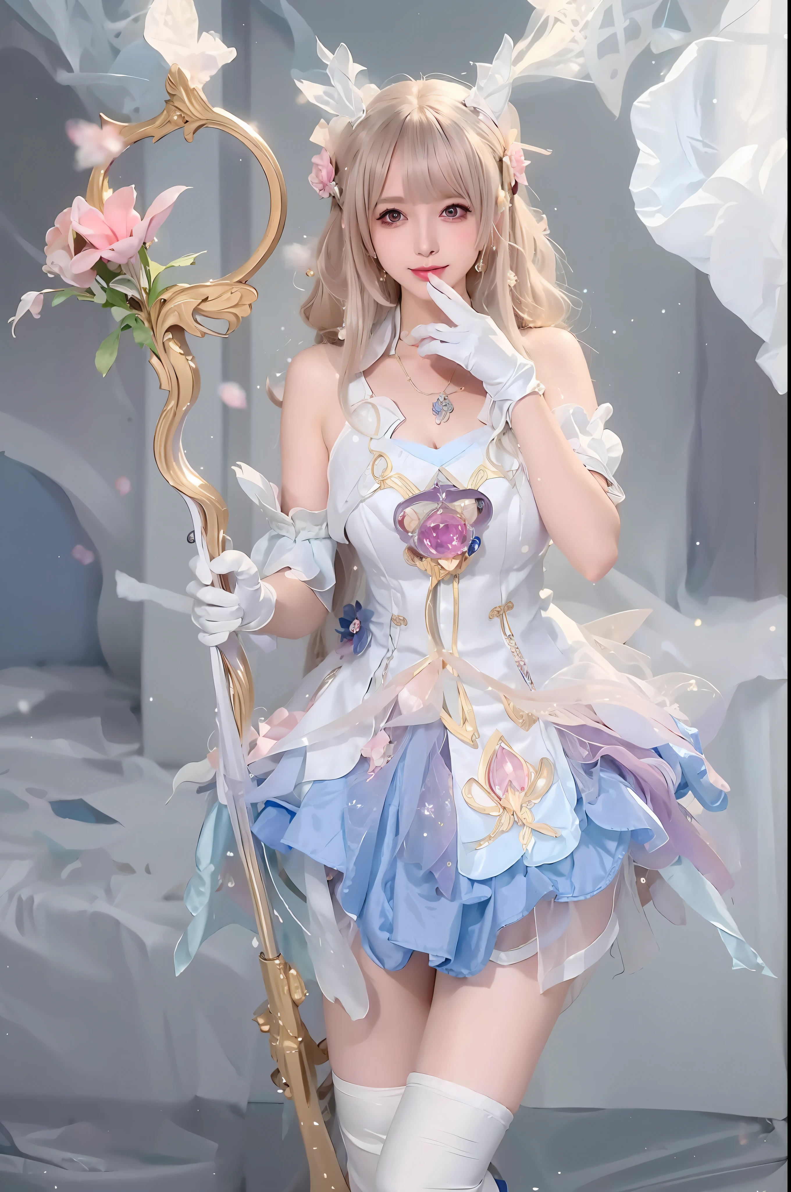 arafed image of a woman in a dress and gloves holding a flower, ornate cosplay, anime girl cosplay, fantasy outfit, beautiful celestial mage, astral witch clothes, fantasy dress, anime cosplay, style of magical girl, portrait of magical girl, ethereal fantasy, sakimichan frank franzzeta, sakimichan, keqing from genshin impact