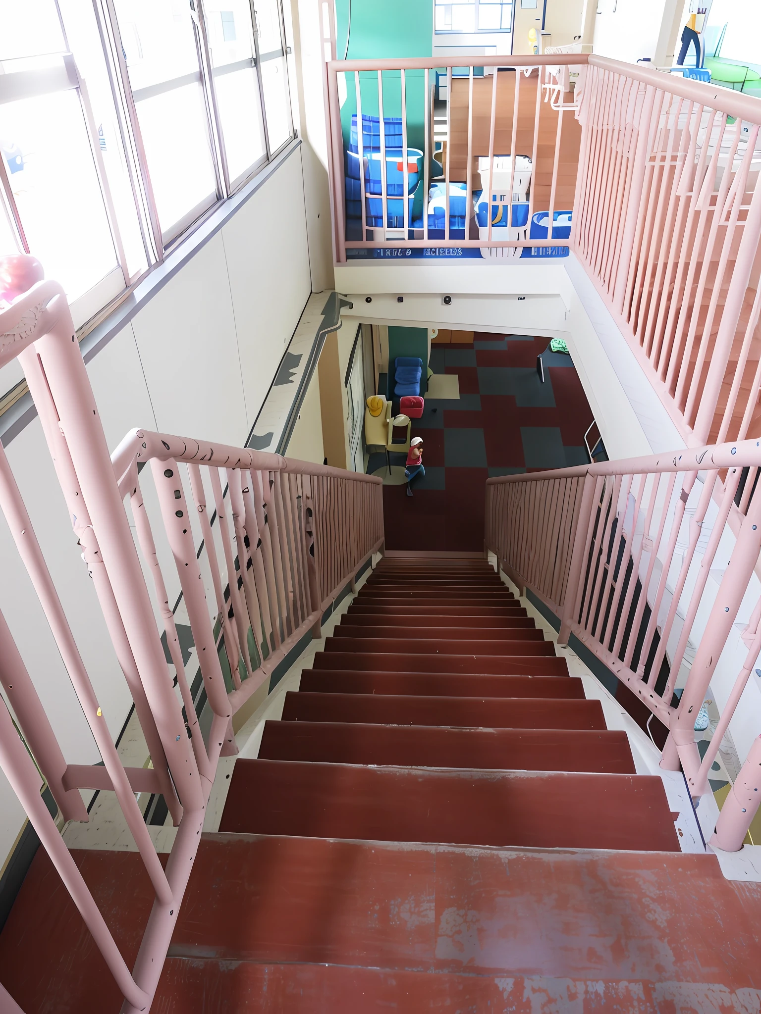 There is a staircase leading to the second floor of the building, Stage 1, Inside the elementary school, stairs to the second floor, stairs to an upper floor, stairway, highrise made up staircases, interior view, stairs, coming down the stairs, stairway, Penrose Staircase, large staircase, Overhead Ground Floor, stairway, stairway