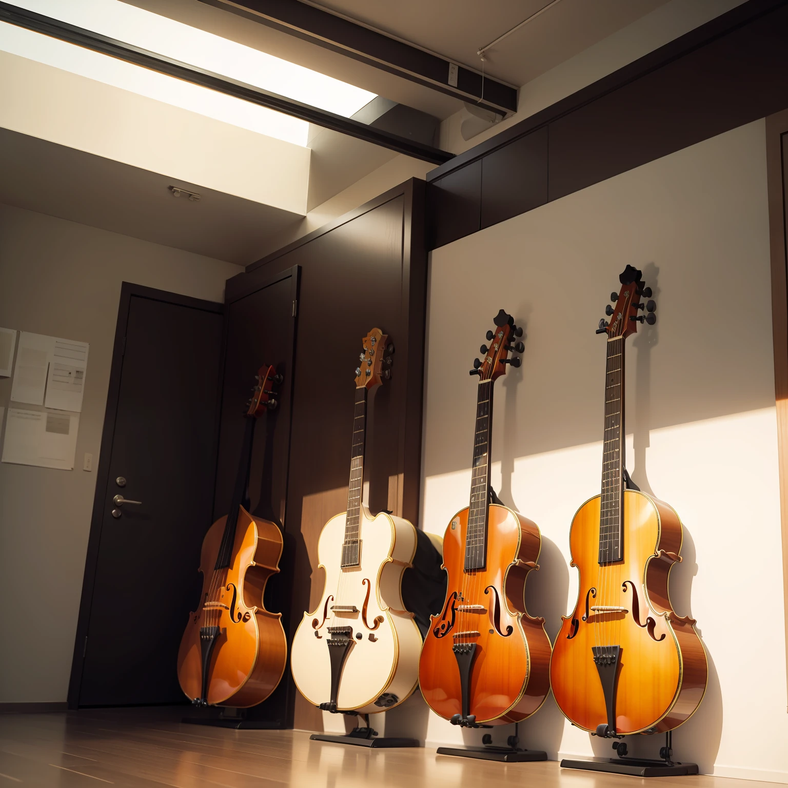 Musical instrument line，Playing instruments hanging all over the walls in turn：guitar、pianos、Drum kit and violin。