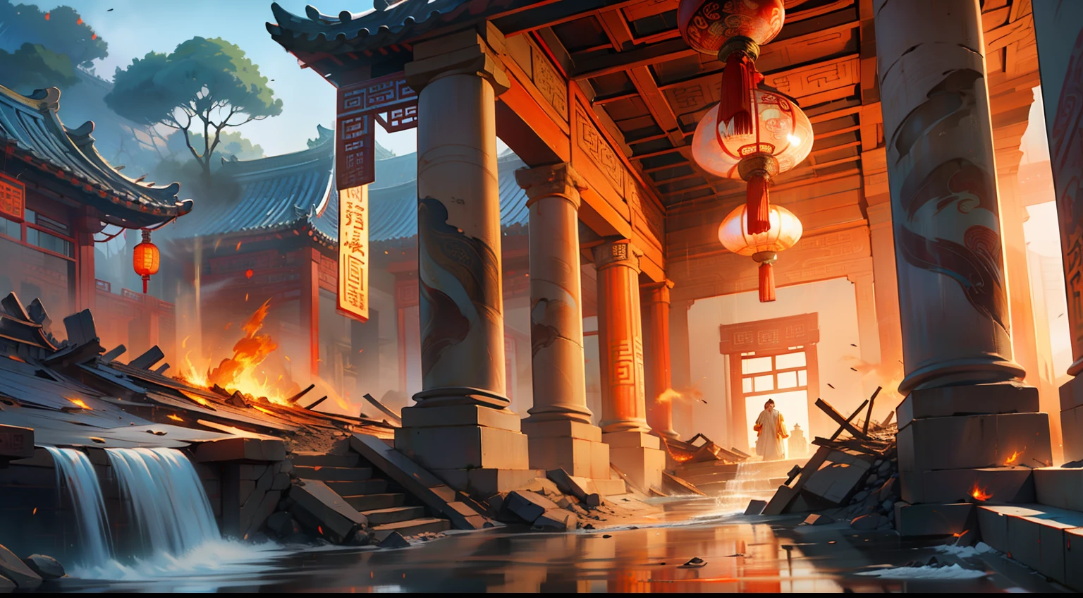 Landslides and ground fissures,water flowing,floods,collapse,废墟,soot,fire glow,dense smoke) (Background: Outside the hall of the ancient Chinese imperial palace sacred and magnificent)