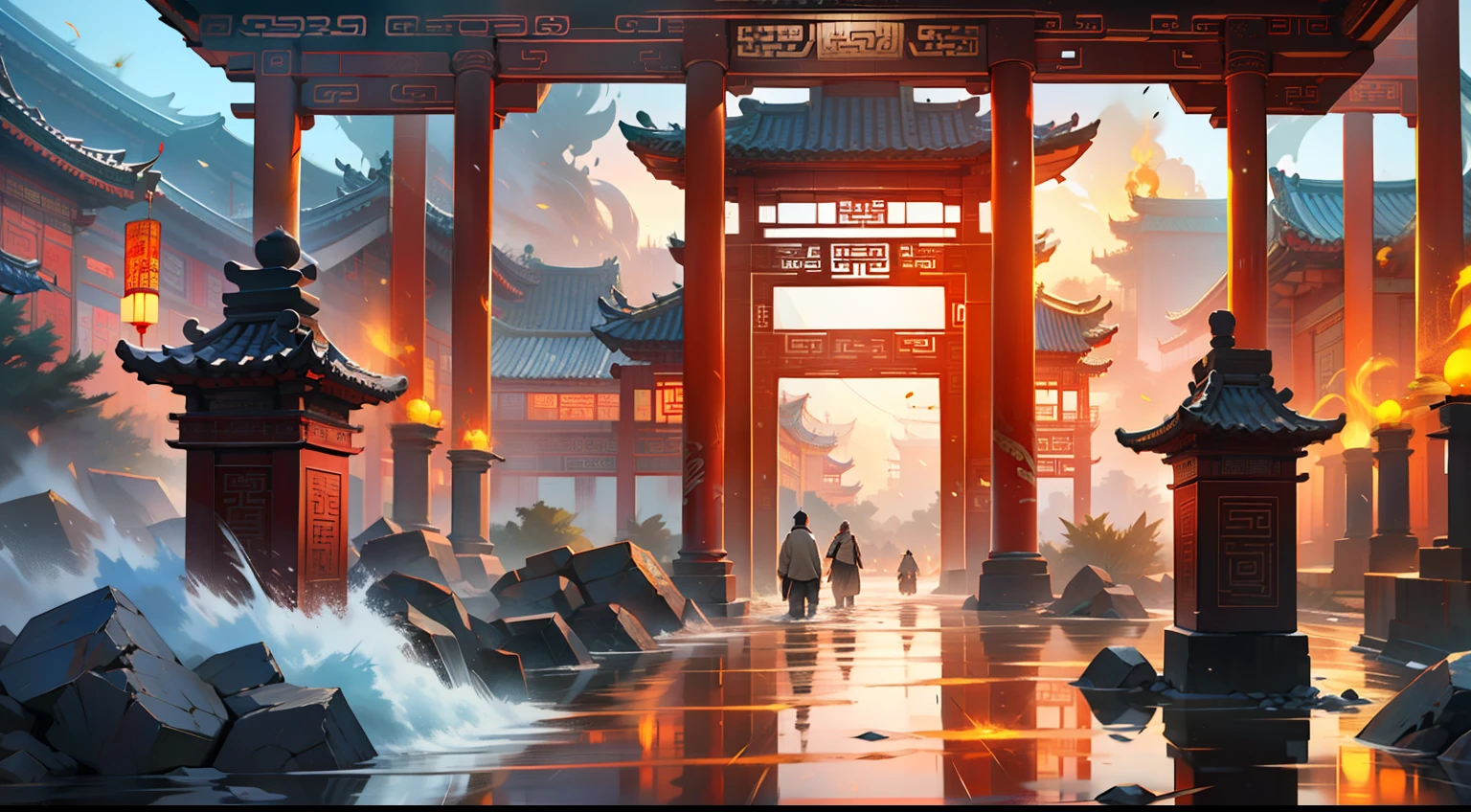 Landslides and ground fissures，water flowing，floods，collapse，废墟，soot，fire glow，dense smoke) (Background: Outside the hall of the ancient Chinese imperial palace sacred and magnificent)