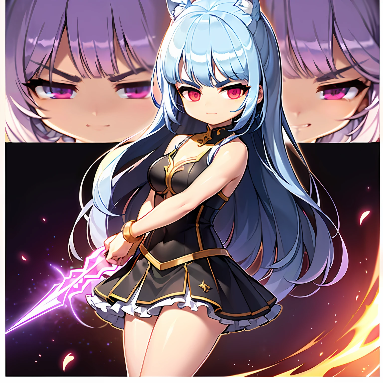(hyper HD:1.5)，(acurate:1.5)，(The is very detailed:1.8)，(超高分辨率:1.5)，(hyper-high detail:1.5)，(Ultra high quality:1.5)，(best qualtiy:1.5)，(4K:1.5)，(8K:1.5)，(No background:1.8)，(Remove the background:1.8)，1 girl，(Blue hair:1.3)，The hair is tied in a ponytail on the side，Sideburns，pretty eyes，Be red in the face，The upper body is dressed in armor，The lower body is wearing a long armored skirt，The action of the battle，Holding a delicate longsword，medium boob，（45° lateral action：1.5），(detail finger:1.5)，(Clear legs：1.2)，(Q version of cartoon:1.8)，(Side of the character:1.5)，(4 Cephalic body：1.5)(Three View:1.5)