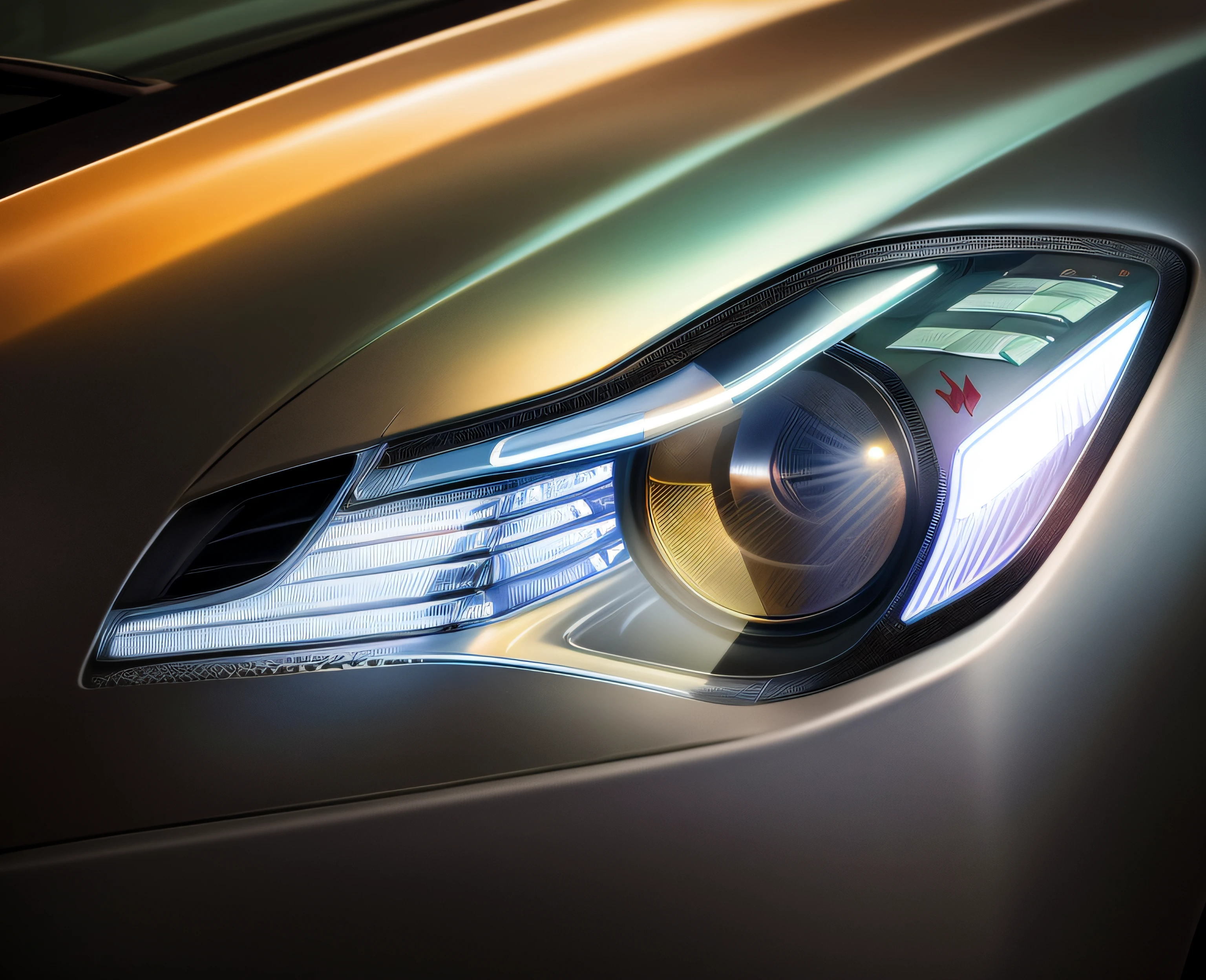 Illustration of a car headlamp with a large lens, automotive design art, RAW photogr, 8K UHD, High quality, filmgrain, Fujifilm XT3