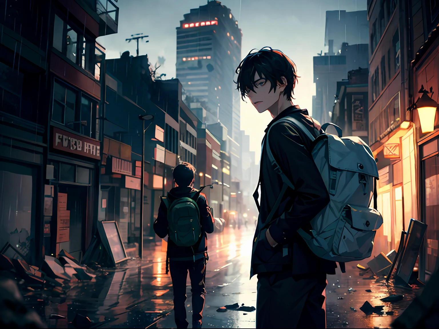 Ultra HD details、The ruined city of the apocalypse、Rain sky、A handsome boy in black、carrying backpack