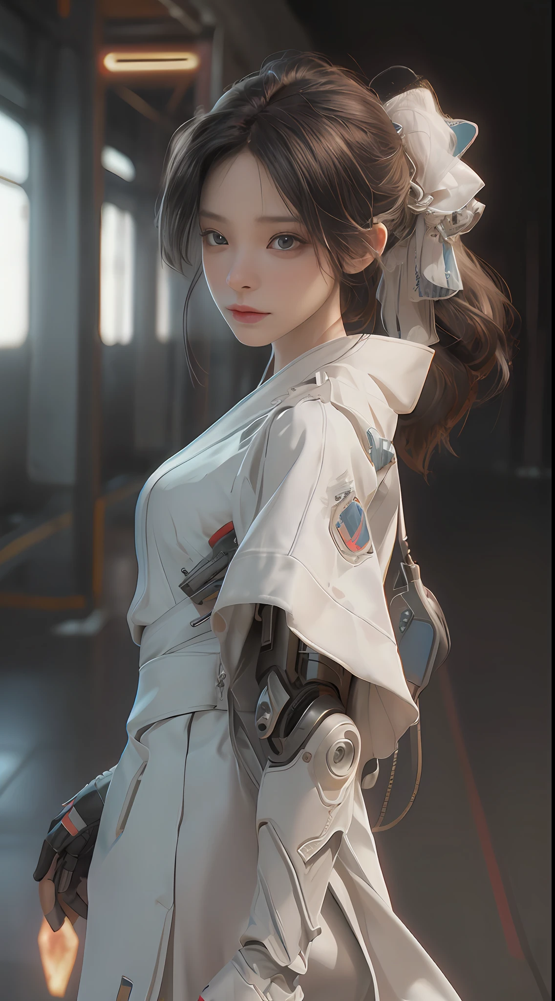 （（best qualtiy））， （（tmasterpiece））， （（Realistis））， （A detailed）， （realisticlying：1.5）， A futuristic girl， （Slim figure）， （white straitjacket），Hanfu， Lights on armor， Cybernetic headdress， looking at viewert， dynamicposes， postapocalyptic， Destroyed city background， Buildings on fire， scientific fiction， HDR， Ray traching， NVIDIA RTX， Hyper-Resolution， Unreal 5， sub surface scattering， PBR textures， Post-processing， Anisotropic filtering， depth of fields， Maximum clarity and sharpness， trichotomy，8K original，（Luminous Particle：1.4），（VerydetailedCG，Unity 8k壁纸，3D，cinmatic lighting，lens flare glow），Reflectors，Sharp focus，Cyberpunk art of a，cyberpunk building，