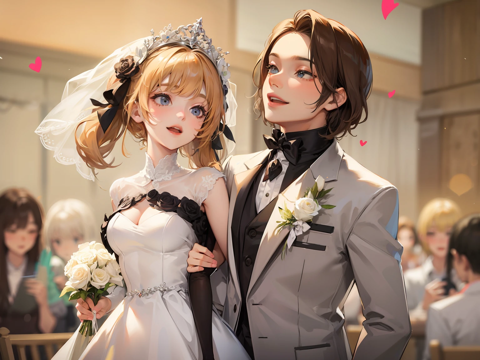 Groom and bride，Wedding，Bust，ssmile，Blur the heart background， --v6