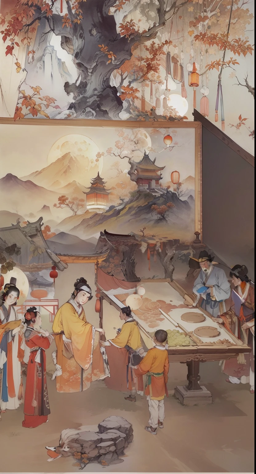 Ancient Chinese landscapes,Ancient buildings,Pavilions,Carved beams and paintings,enchanting scenery,Night,Moon light,Layered, Rich light and shadow,Mid-Autumn Festival, Ink painting style,clean color,Low-saturation colors,Colors of low brightness,Decisive cut,Leave white space,impressionistic,tmasterpiece,ultra - detailed,Epic composition, HighestQuali,hyper realisitc,Art germ --v 6
