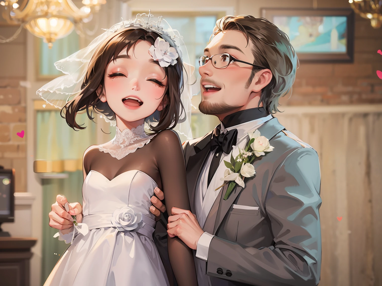 Groom and bride，Wedding，Bust，ssmile，Blur the heart background， --v6