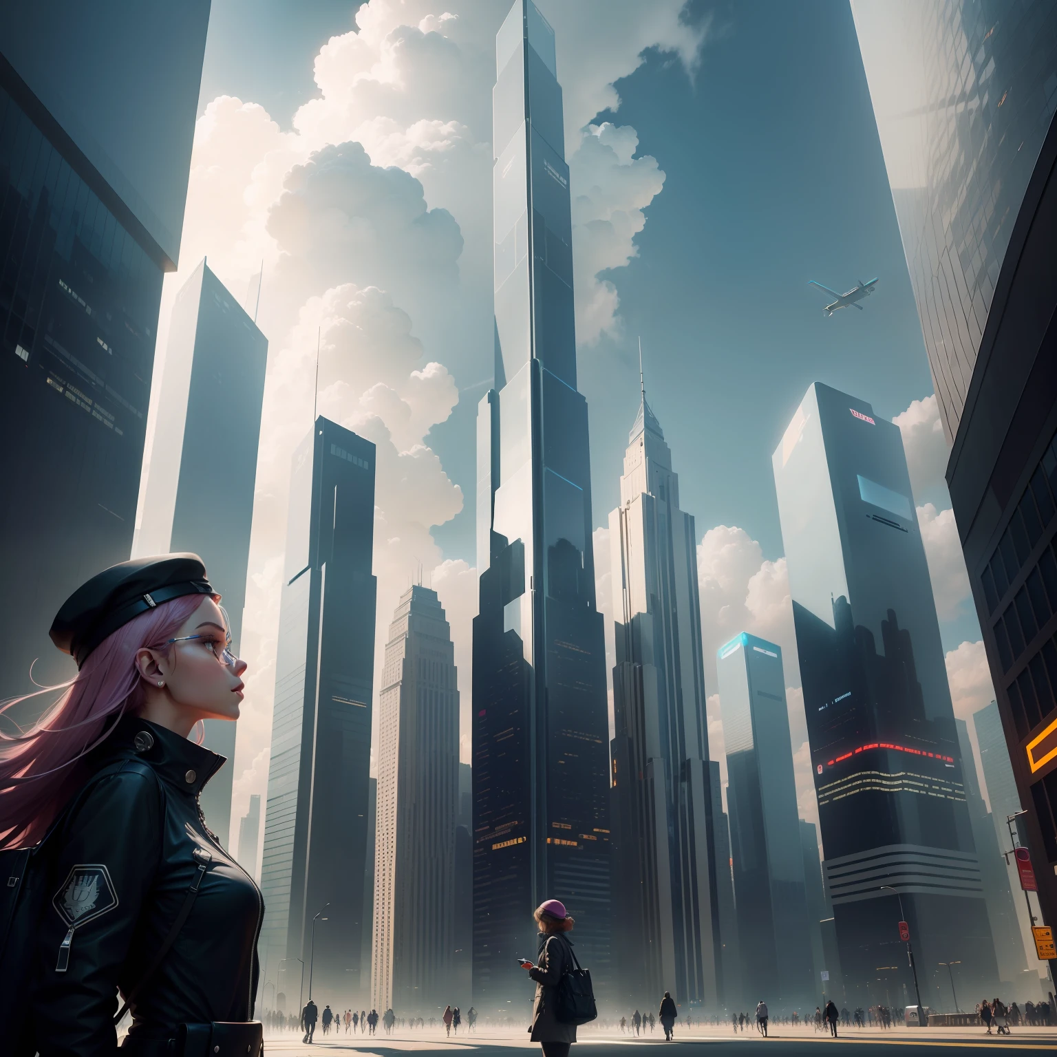 A breathtaking city of the future，Towering skyscrapers pierce through the clouds，The façade of the skyscraper is covered with smart displays，Constantly shimmering with amazing digital art，These screens display a variety of vibrant and creative images，Gorgeous cityscapes and exciting futuristic technologies and inspiring portraits，The streets of the city are filled with lively scenes of people coming and going，Airbuses and personal aircraft fly through the sky，People on the streets wear eye-catching fashion attire，Their clothing designs are full of elements of futuristic technology，the soft light，It constitutes a mobile fashion stage