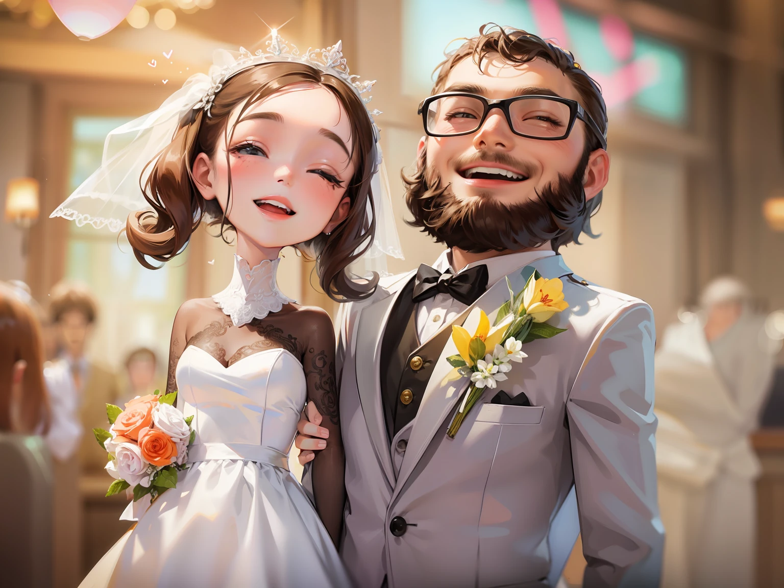 Groom and bride，Wedding，Bust，ssmile，Blur the heart background， --v6