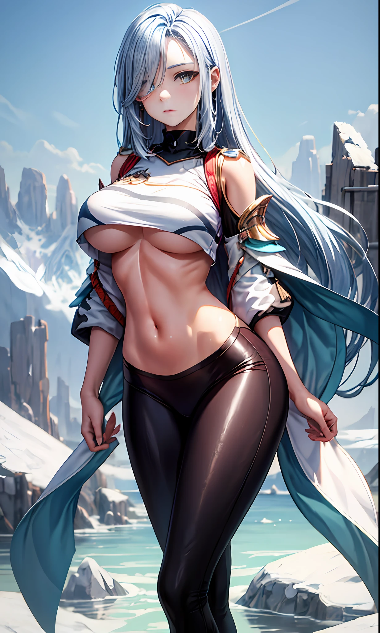 tmasterpiece,best qualtiy,ultra - detailed,8k wallpaper,1girll, light blue hair, light blue eyes, nabel,looking at viewert, black colored leggings, groin,seas of mountain, Exposed breasts,Very long hair, plumw,Pale skin,Wide buttock,One eye is covered with hair,face expressionless,Serious,Mature and sexy,Be red in the face,Blue-white tones,ice element,Mature posture
(Expose the lower chest and navel)
The large\(BodyProportions\),