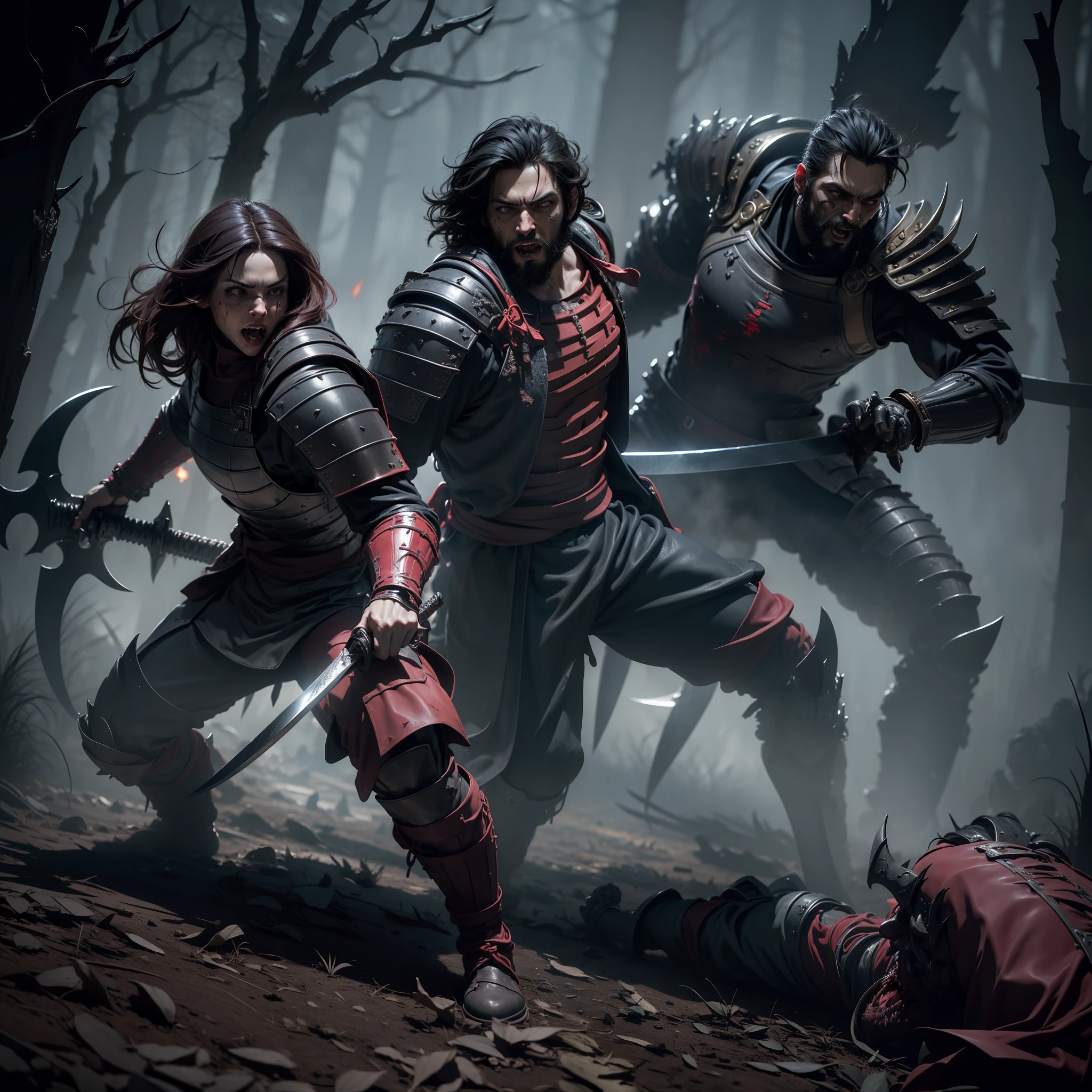 two characters, fighting, 1 Vampire, 1 Werewolf, claws, fangs, open mouth, beard, detailed face, bloody face, full body tattoo, necromancy, witch, armor, sword, scythe, combat, attack, detailed image, best quality, full body: 1.2, battlefield scene