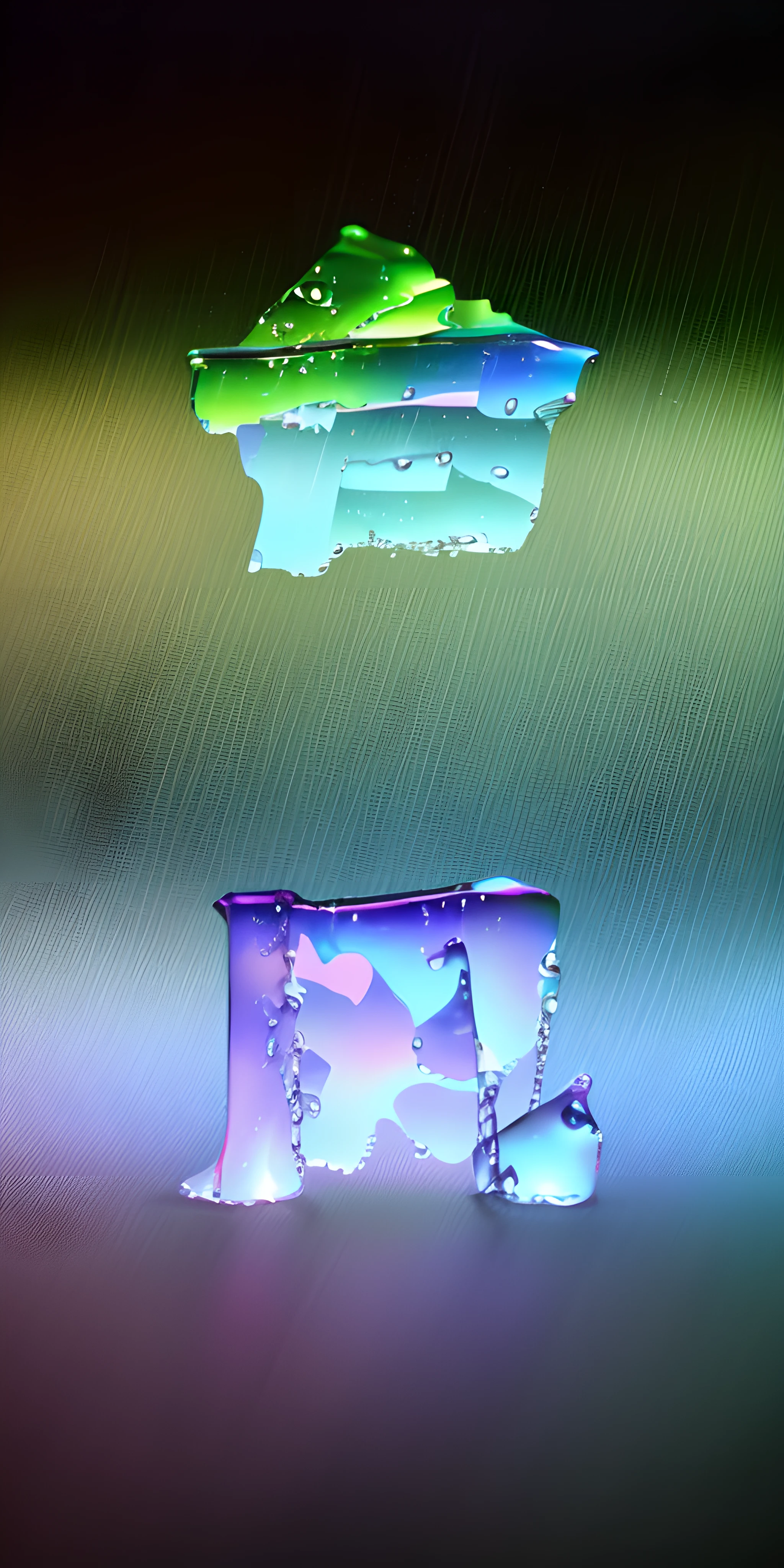 There are two different colored objects floating in the air, pillars of ice background, liquid simulation background, photoshop water art, simulation of water splashes, Wet HDR refraction, liquid simulation, heavy jpeg artifact blurry, xray melting colors, normal map, water art photoshop, melting glass, melting paint drips, abstract paintings. 8K, amazing contrasting background