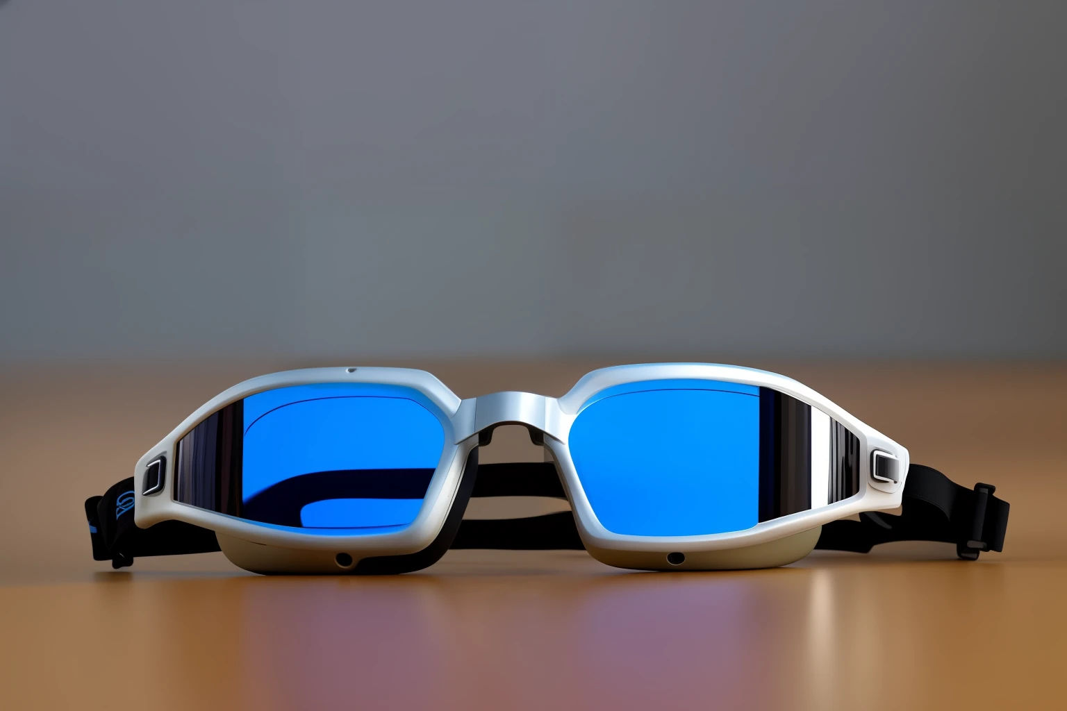 On the table was a pair of goggles, Digital glasses, Tech glasses, technological sunglasses, 3D goggles, goggles, futuristic ar glasses, ar glasses, digital sunglasses, futuristic glasses lenses, cyber goggles, Sports glasses, implanted sunglasses, shades, Hit Google, high angle close up shot, goggles on forehead, mid view, Futuristic sunglasses