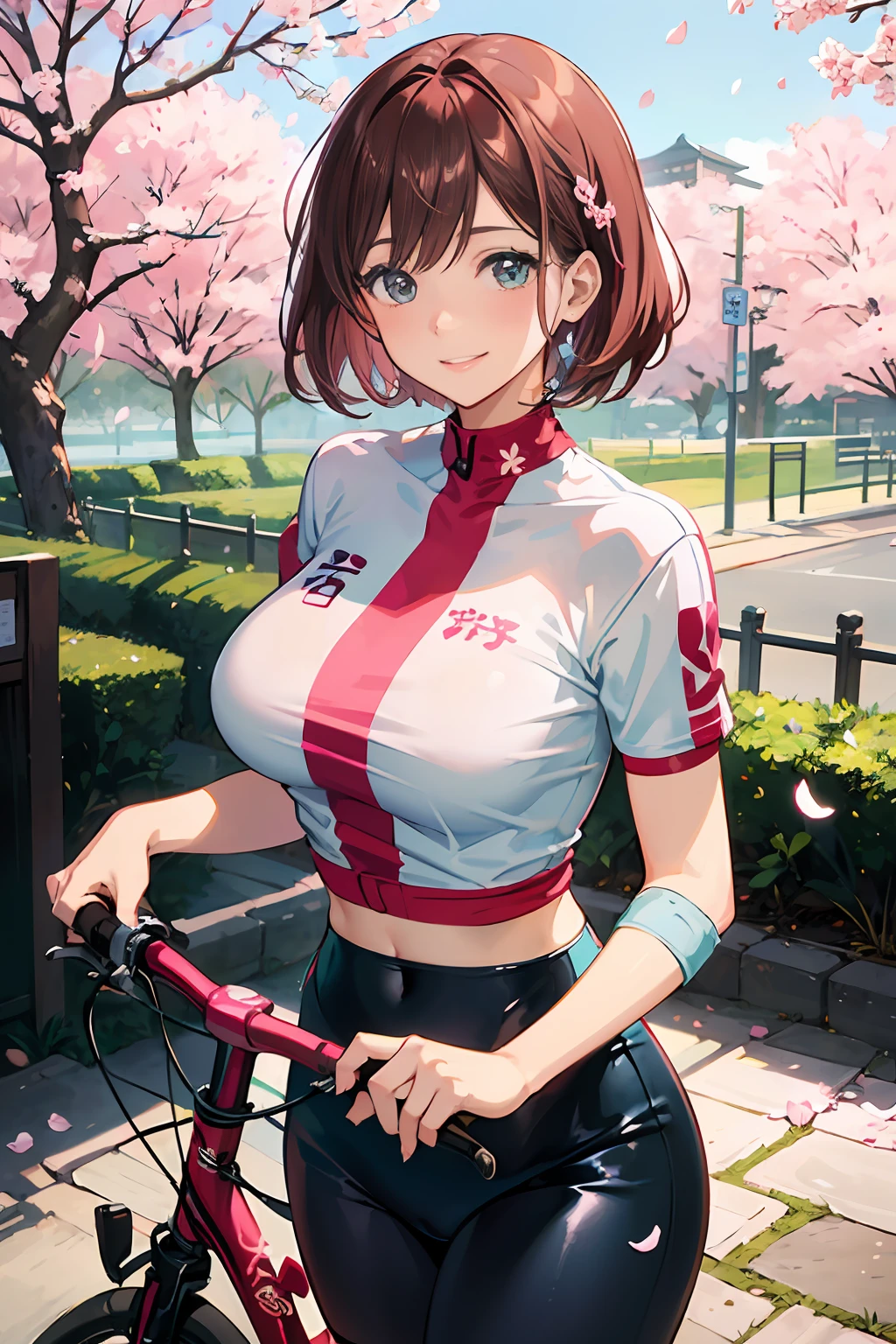 Ride a pink bike down the hill,japanese animation,Cinematic,Sunlight,Elegant girl Japanese,Nice face,Take a smile,Happy,(Indigo Blue White Pink Tight Bicycle Jersey,)Ndigo Blue White Pink Wear a bicycle helmet,big brest,( Brown Pink Two-Tone Medium Hair,)Cherry blossom with falling petals,Detailed hairstyles,Insanely detailed,
