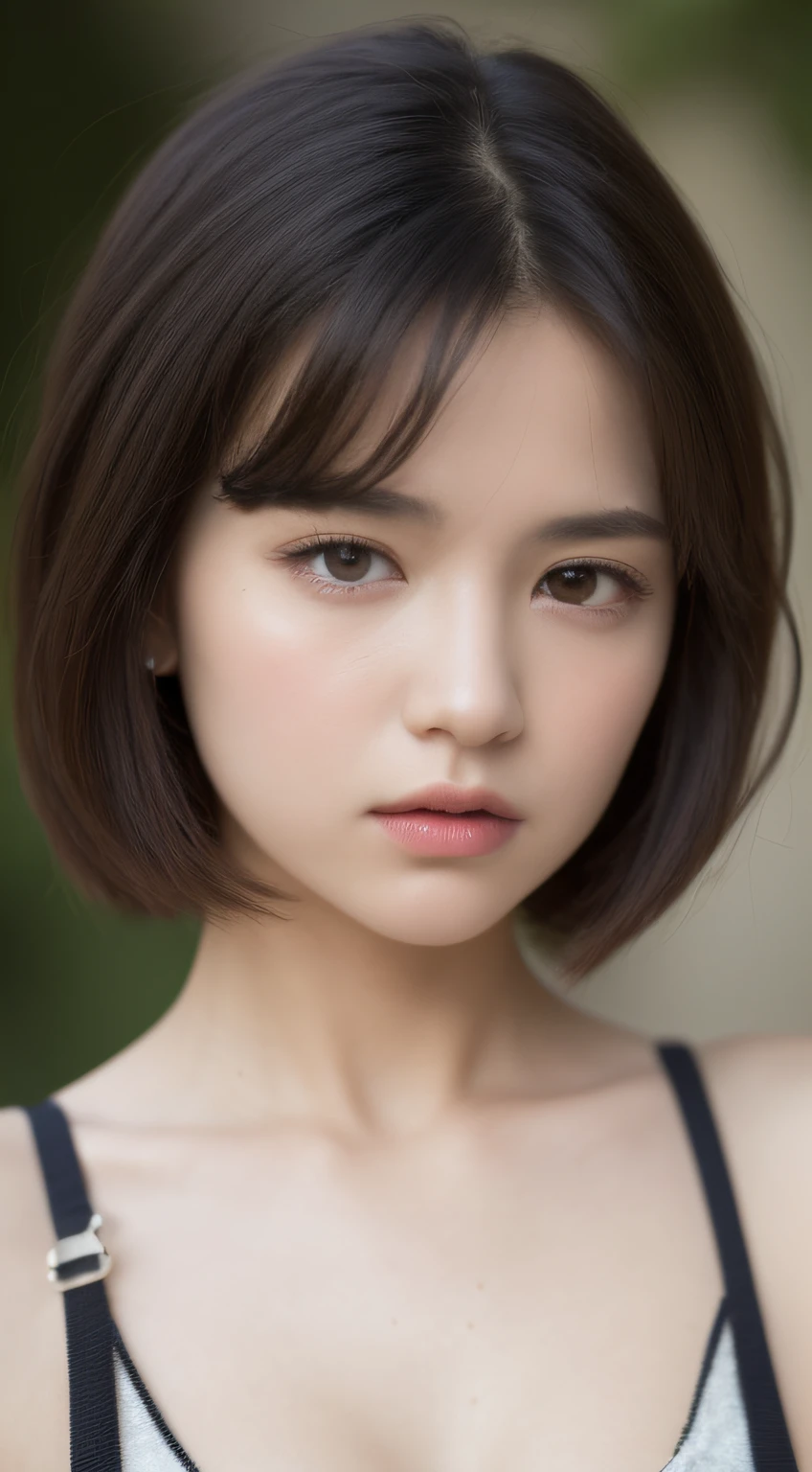 ((top-quality、in 8K、masterpiece:1.3))、foco nítido:1.2、Beautiful Women in Perfect Style:1.4、Attractive body :1.2、bust-up photography、((dark brown hair、Very short bob hair、large full breasts:1.2))、(natural soft light)、Highly detailed facial and skin texture、kawaii faces、A detailed eye、(a closed mouth)、a beautiful Little、extra detailed body、(White skin with blood vessels showing through)、(detailed bust) 、Black clothes