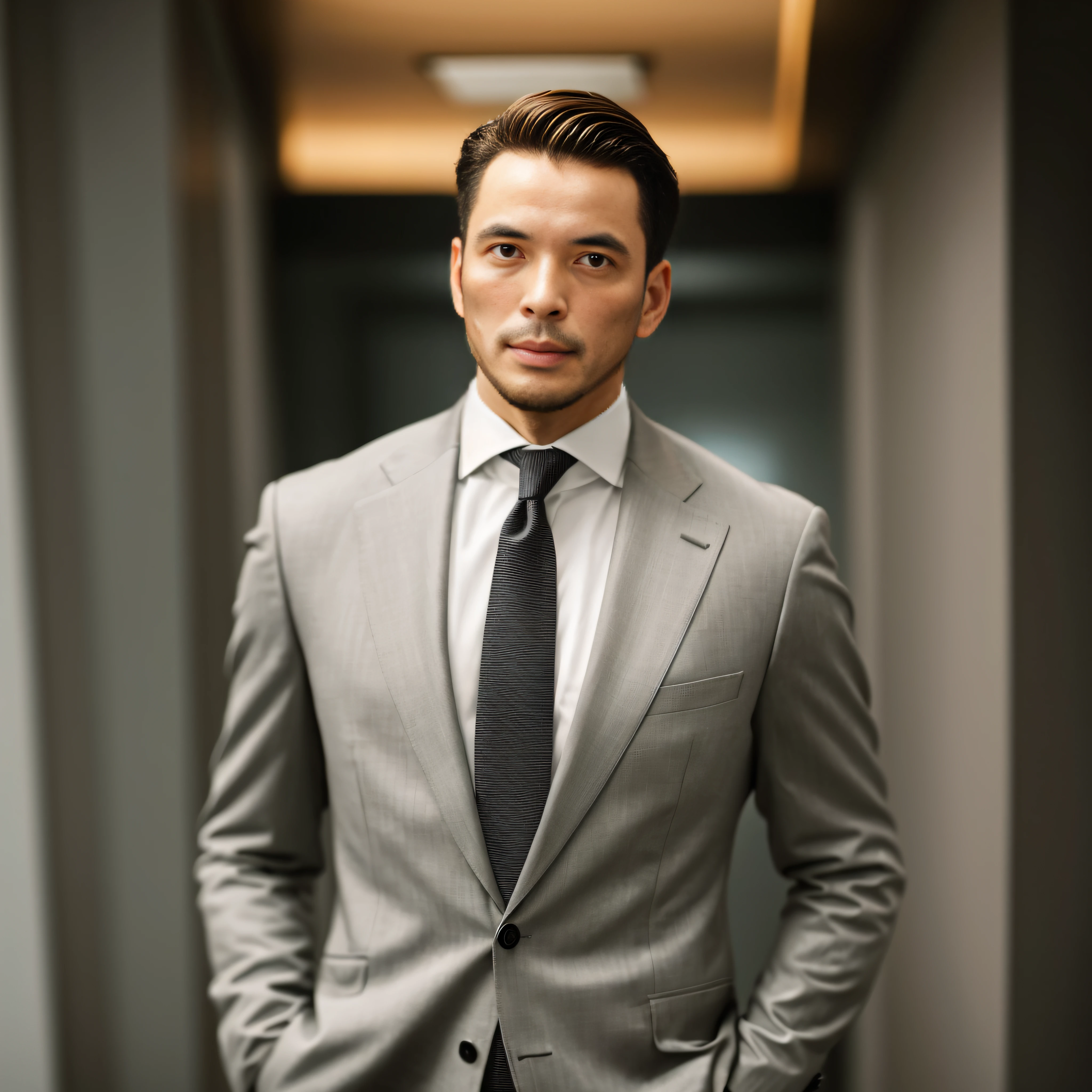 An Alafed man in a suit and tie stands in the hallway, dressed in a suit, dressed in a suit, dressed in a suit, wearing a strict business suit, wearing a strict business suit, wear suit, dressed in a suit, Attractive man, suit ， Perfect face, handsome and elegant, wearing a strict business suit, wear suit, wear suit，Thirty year old，No beard