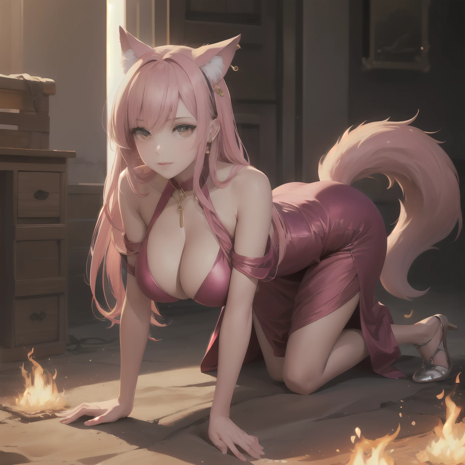 masterpiece:1.6, best quality:1.4, real picture:1.2, intricate details:1.2, charturnerv2:1.2, full body , nsfwdigital painting, sinder, looking at viewer, all fours, closed mouth, 1girl, yellow eyes, wolf girl, long brown two-toned streaked hair+swept bangs and sidelocks, fiery wolf ears and flame-tipped wolf tail, orange tail, ear piercing, bare shoulders, massive breasts, cleavage,araffe woman in a pink dress holding a purse, dressed in a pink dress, pink dress, wearing a pink dress, hot pink, in long pink or violet dresses, brilliant pink ball gown, extravagant dress, vibrant pink, thierry mugler, bright trouser suit for a rave, magenta, pink body, pink iconic character, ava max,character chart, full shot body phot, illustration, cinematic light, fantasy, highest quality, ultra detailed, best quality, masterpiece, (detailed face), tall and sexy mature woman , dress made of gold coins chained together, glowing flowing sand, floating ember crystals, golden hair jewelry, metal reflecting sun light, (focus on body:1.25), clear blue sky, desert and ocean in background, long curly hair, golden eyes, emitting magic energy, dark, light reflection --auto