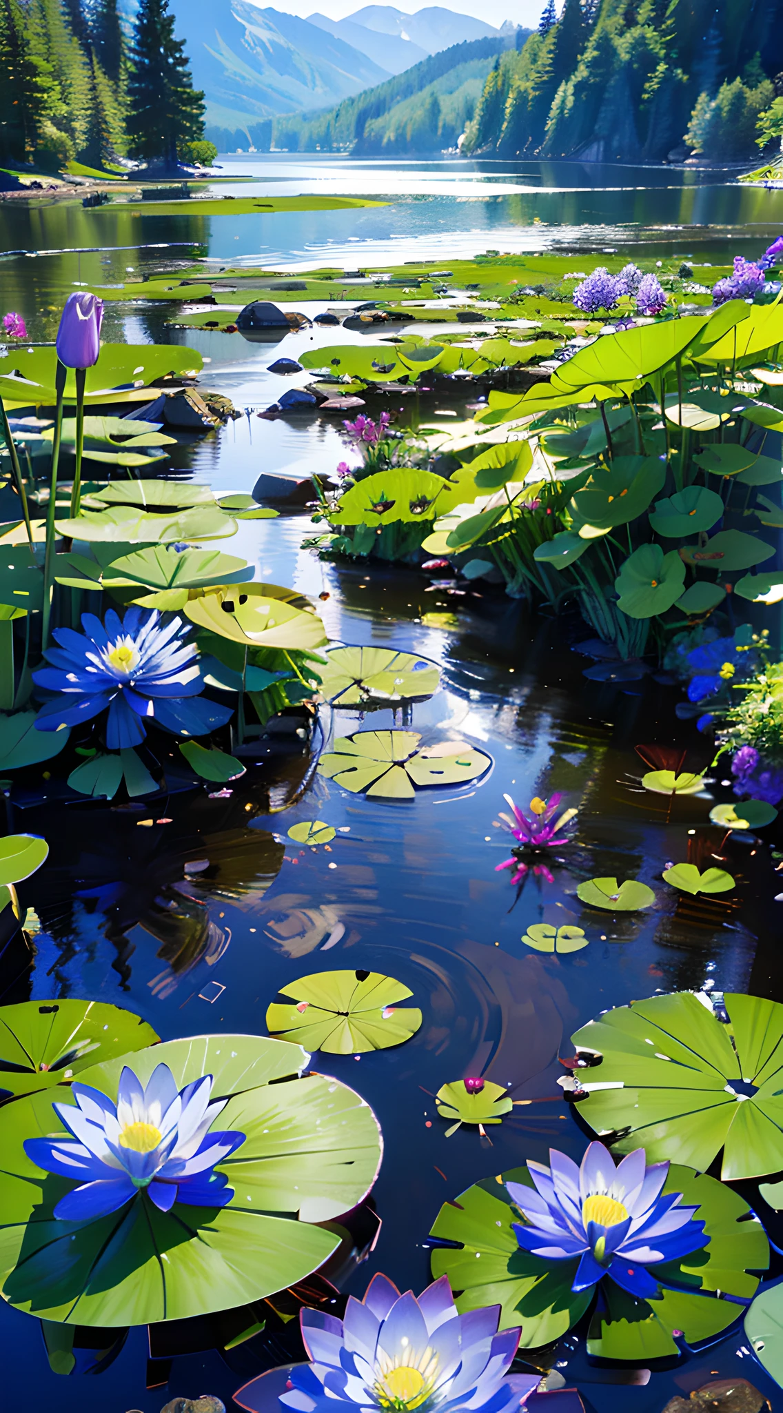(masterpiece, best quality, no human, landscape, scenery, water flowers:1.2), 8k, 85mm, official art, raw photo, absurdres, perspective, depth of field, HDR, sharp focus, highres, photography, mountain, realistic, highest detailed, extreme detailed, ultra detailed, finely detail, flowers