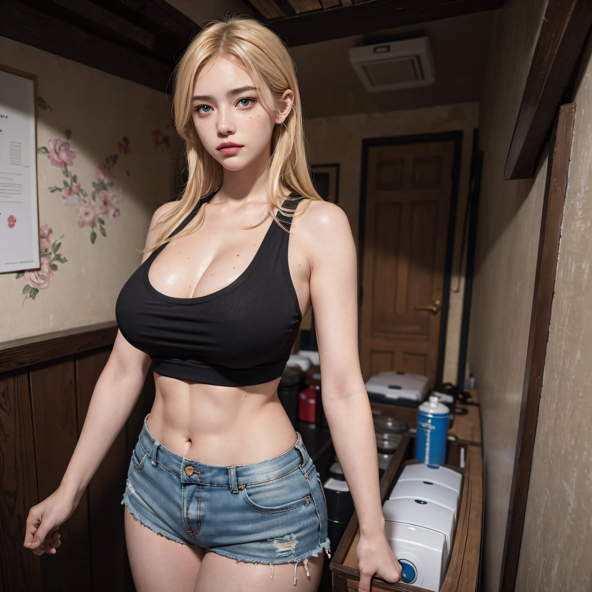 (A hyper-realistic), (illustratio), (hight resolution), (8K), (ighly detailed), (The best illustrations), (beatiful detailed eyes), (top-quality), (ultra-detailliert), (masterpiece), (wall-paper), (详细的脸), 独奏, (dynamicposes), 1 girl in, Sportily bunched blonde hair, Americana, Iris heterochromatic eyes, small moles under eyes, ((Tank tops)), huge tit, large full breasts, long legged, tightens abs, (hotpants), Muscle training, Healthy sweat, gym