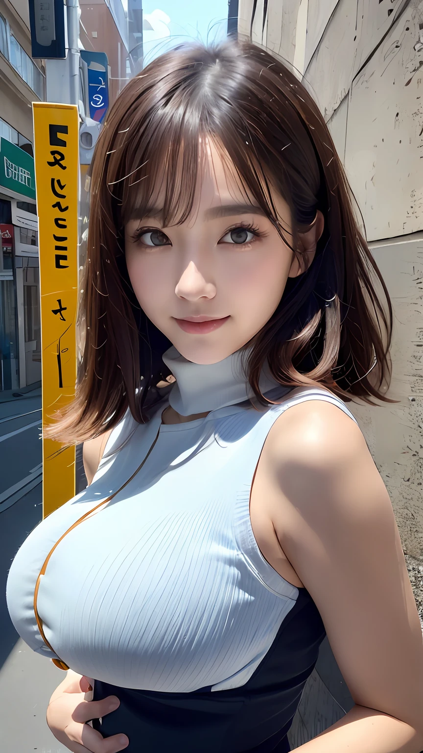 (8K, 超A high resolution, Best Quality, masutepiece:1.2)、RAW portrait of japanese girl、超A high resolution、top-quality、 (huge-breasted,:1.8)、{Hide all breasts:1.2}{Off-white shorts:1.5}、(Wearing a blue sleeveless turtleneck:1.5)、(hands to hips:1.6)、(In the street:1.2) BREAK (Natural Skin Texture、Detailed skin、Hyper-Realism、ultra sharpness)、intricate detailes、depth of fields、Sexy adult woman、Long black hair straight、Toned buttocks、((masterpiece、top-quality、high-detail))、(Photorealsitic:1.4)、独奏、closes mouth、Smile happily、big eye、Distinct double eyelids、Lashes、long neck、Absolute area、Clean collarbone、face perfect、thin lips、a small face、(gazing at viewer、Highlights in the eyes、Light brown eyes、lipgloss)、{(Show the whole body from the side:1.8)}
