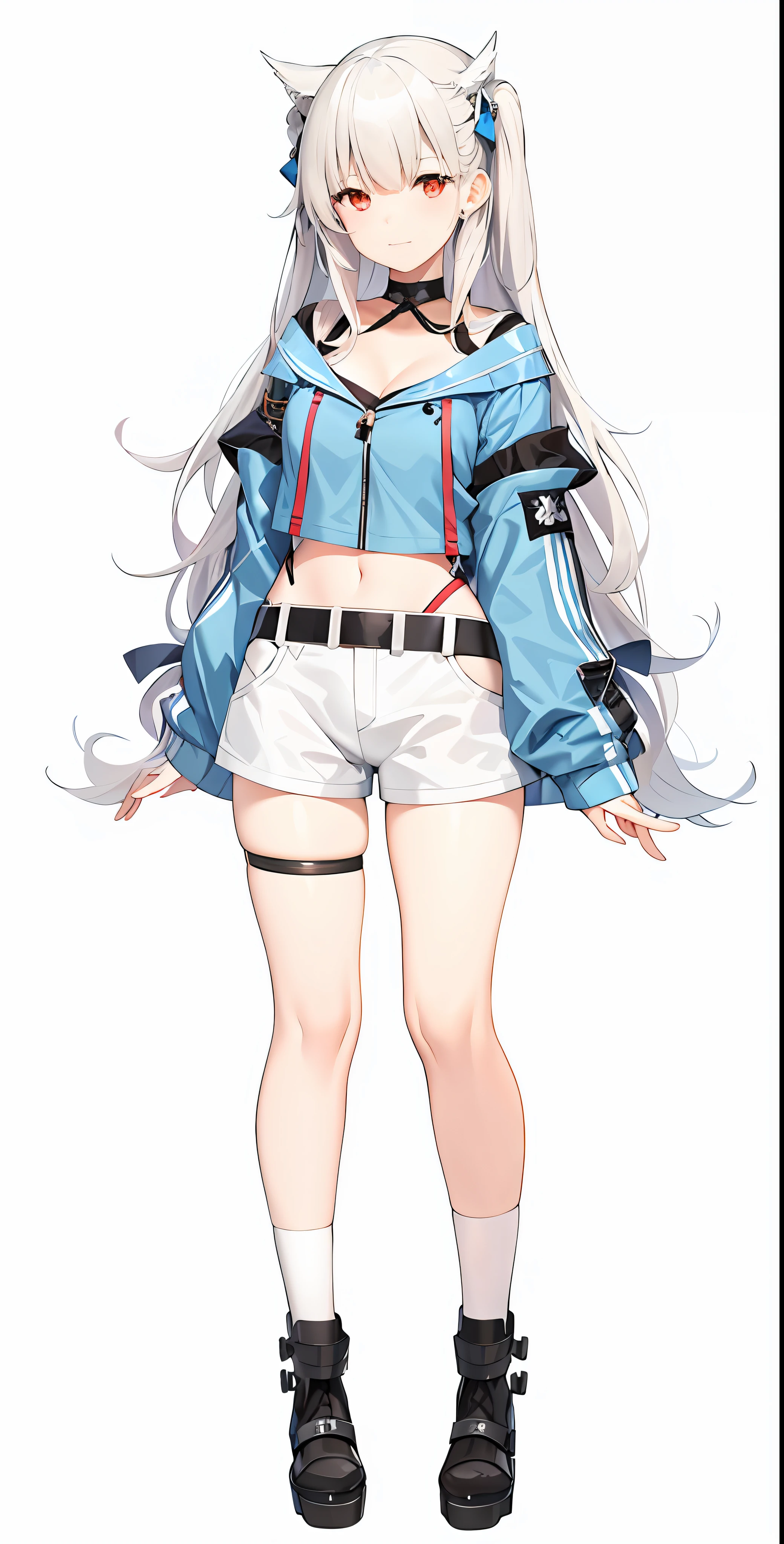 Anime girl with long white hair and blue jacket and white shorts, azur lane style, from girls frontline, A scene from the《azur lane》videogame, Kantai collection style, girls frontline style, anime full body illustration, 《azur lane》role, official character art, Kushatt Krenz Key Art Women, Single character full body, girls frontline universe, Girls Frontline CG