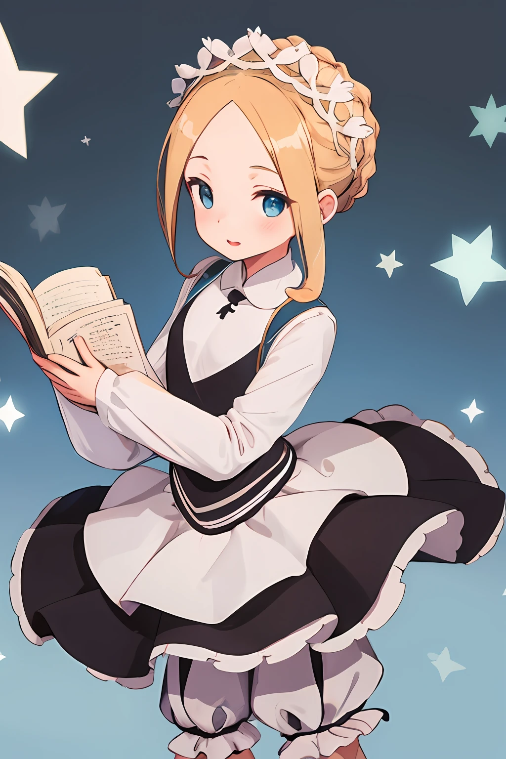 hmaw5, braid, maid headdress, maid, white shirt, bloomers, sleeves past wrists, library, reading