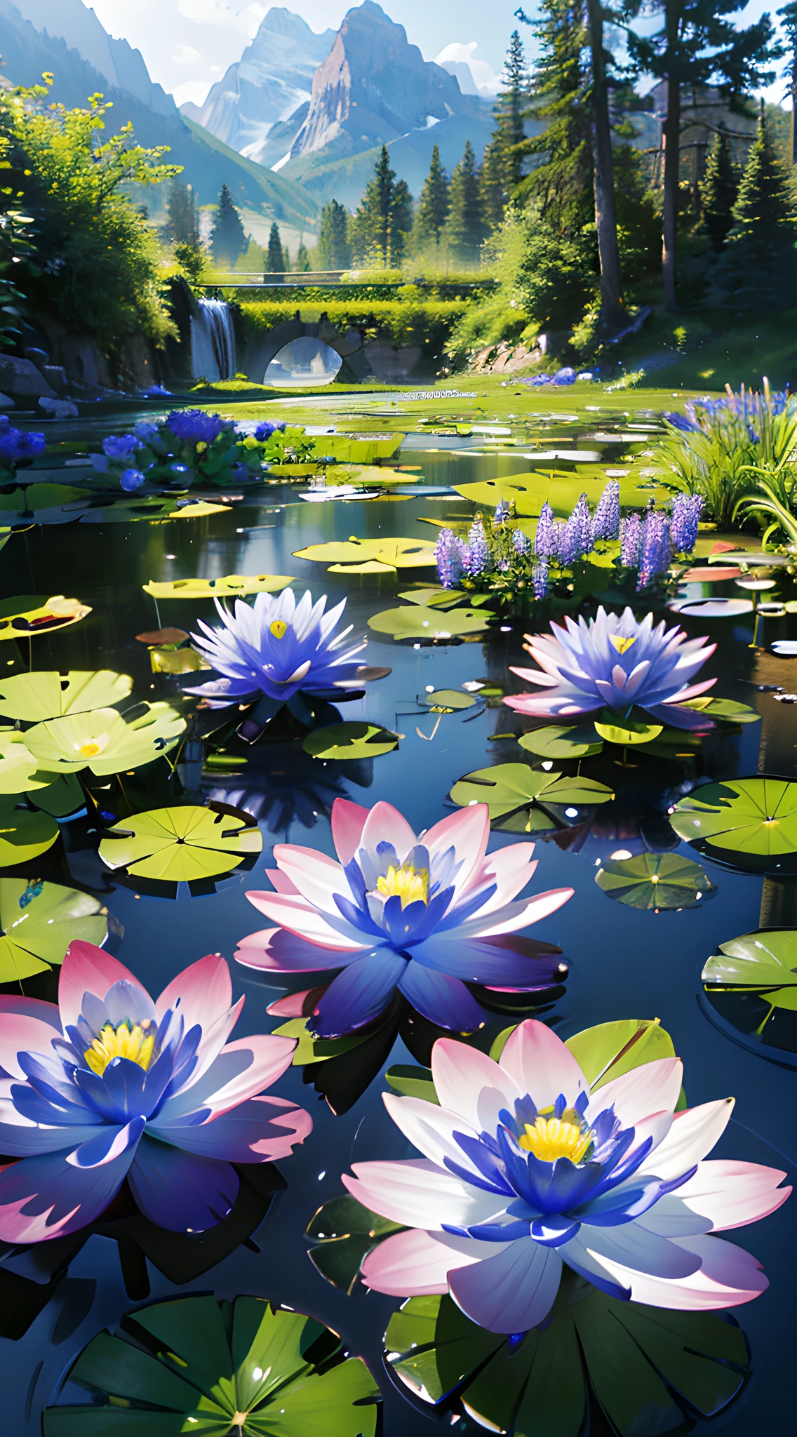 (masterpiece, best quality, no human, landscape, scenery, water flowers:1.2), 8k, 85mm, official art, raw photo, absurdres, perspective, depth of field, HDR, sharp focus, highres, photography, mountain, realistic, highest detailed, extreme detailed, ultra detailed, finely detail, flowers