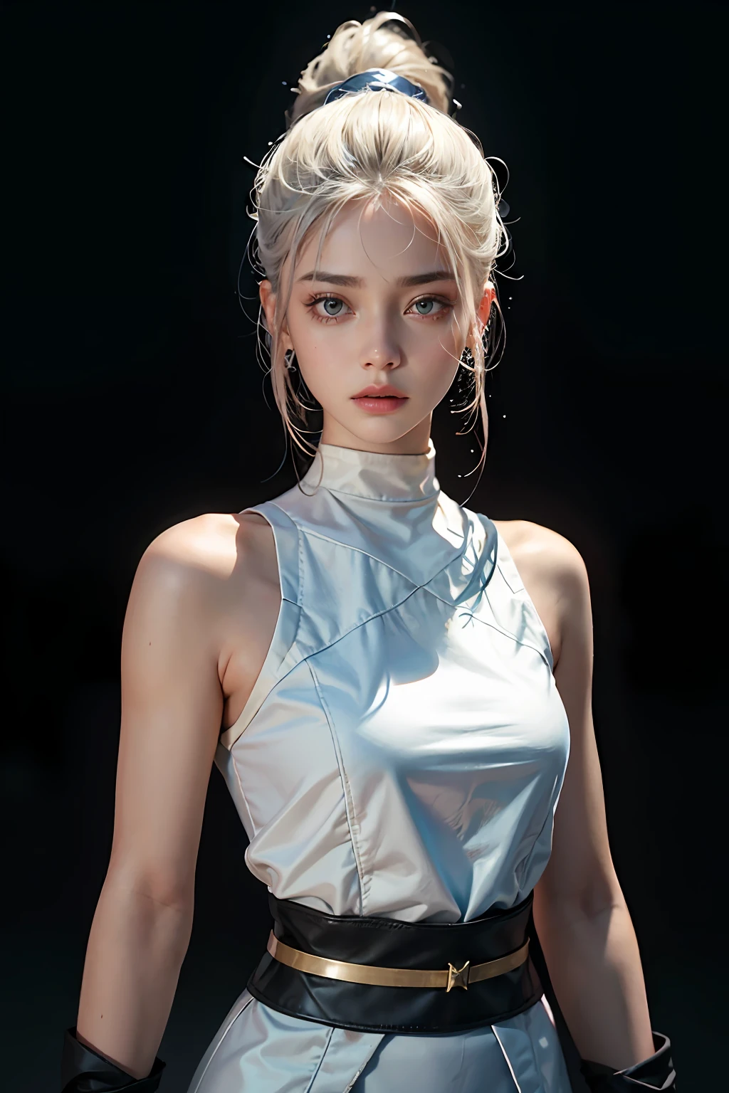a woman 18-years old,(high-top fade:1.3),long whitr hair,dark themes,soothing tones,pastel colour,hight contrast,(Natural skin texture,ultra-realistic realism,the soft light,sharp),Arad female assassin,Female warriors