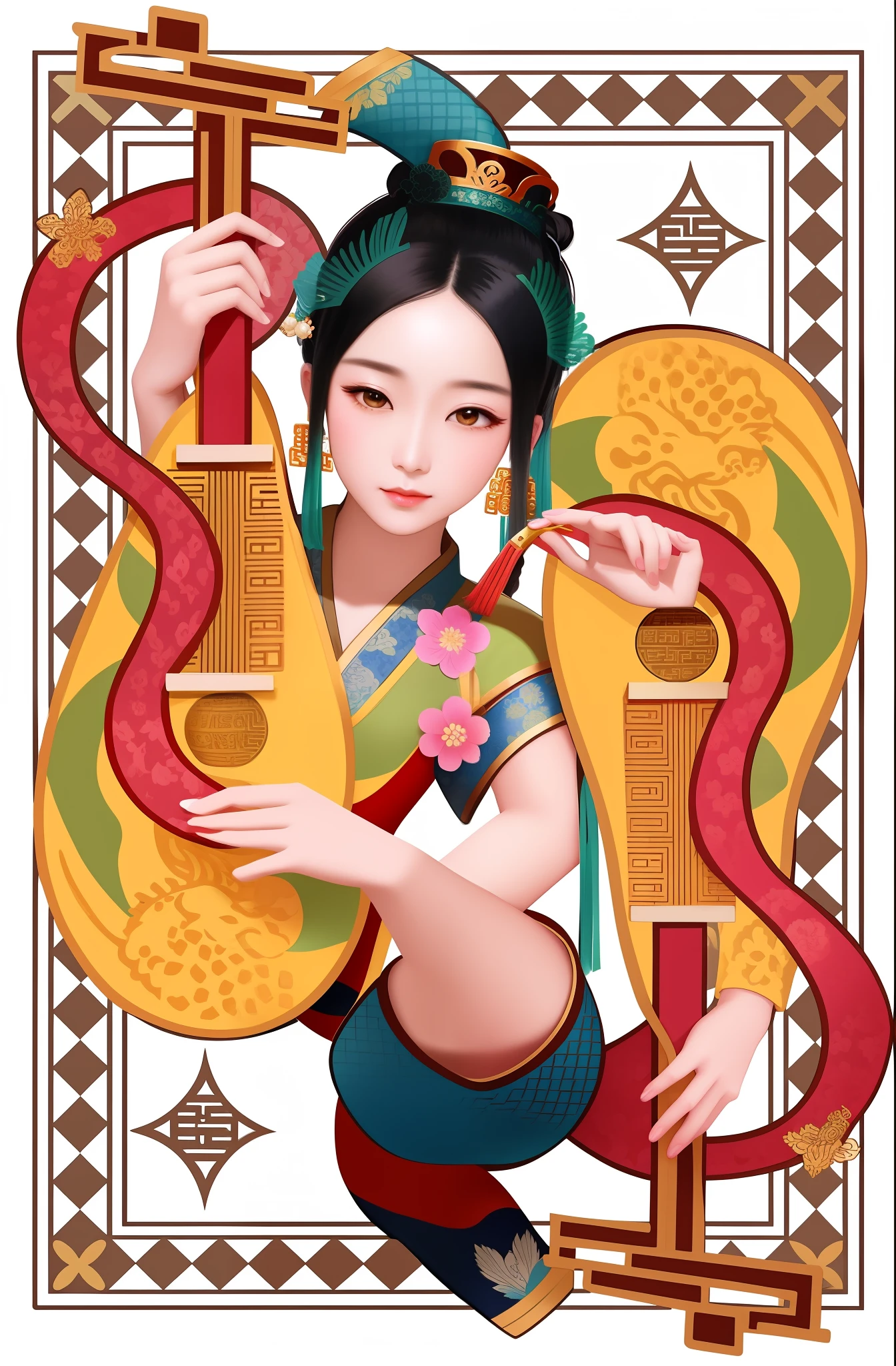 Super fine illustration of ancient Chinese queen playing musical instrument with snake，Inspired by Utagawa International II、Utagawa Kuniyoshi III Wakakawa Kunisaku，and the designs of Gao Kegong and Wang Yi。