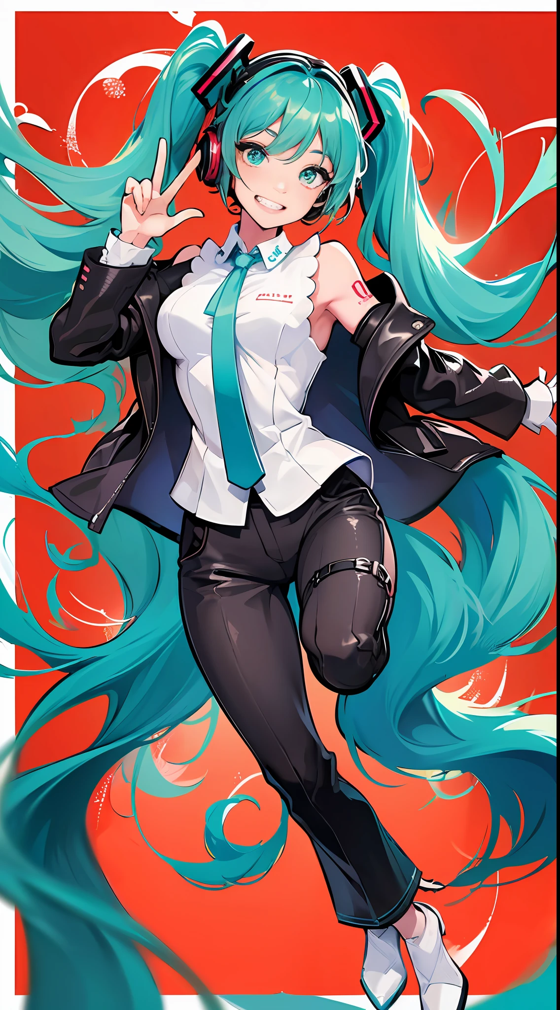 (masterpiece), (best quality), (miku), (border), (looking at viewer), 1girl, (grin), happy, smile, full body, dynamic pose, wearing Red jacket and colors long pants, city background