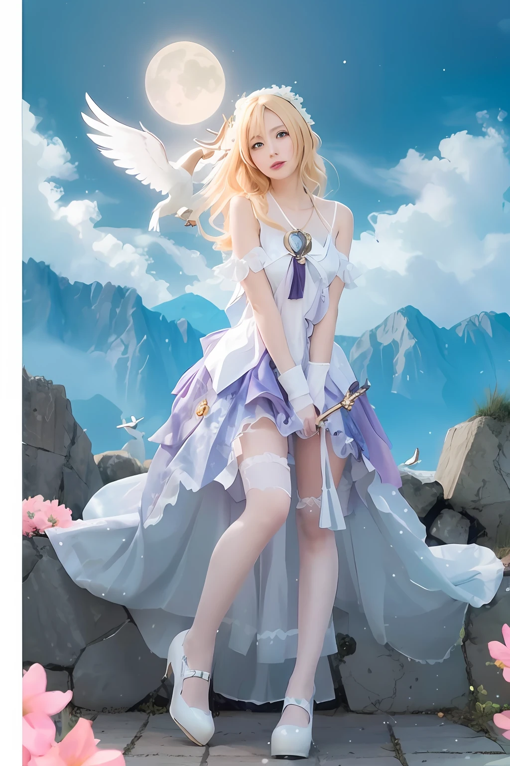 Arafard image of a woman in a dress and a bird, Anime girl cosplay, Anime goddess, Anime cosplay, cosplay, Gorgeous Role Play, sakimichan frank franzzeta, seraphine ahri kda, Beautiful celestial mage, astral witch clothes, Artoria Pendragon, elegant glamourous cosplay, fantasyoutfit, Anime princess, dreamy dress，A beautiful girl with antlers