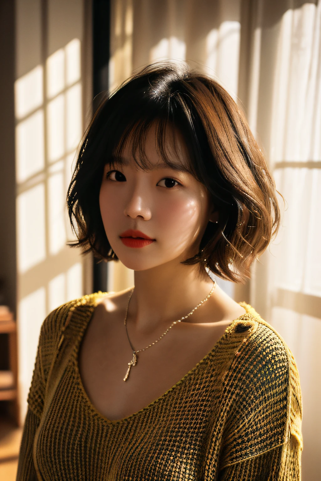 wide angle portrait, 1girl, fluffy short hair, natural skin, realistic brown eyes, looking at viewer, (realistic anatomy:1.2), stylish colorful sweater, cinematic lighting, (photorealistic, raw photo:1.2), global illumination, ray tracing, finely detailed, intricate details, necklace, (cleavage:0.8)