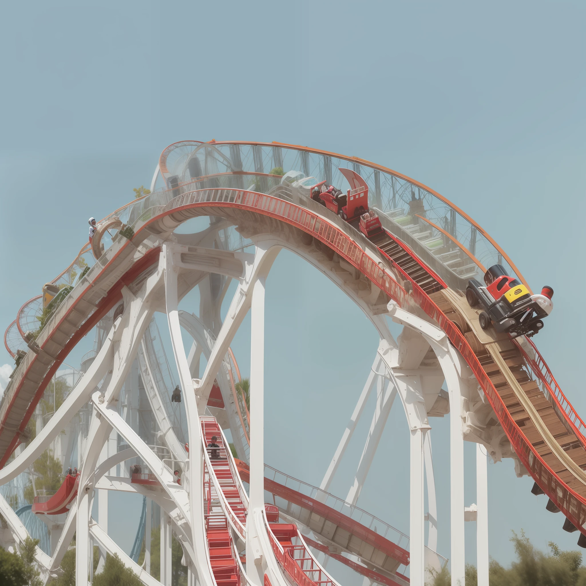 Someone rides a roller coaster in the park, roller coasters, Roller coaster, roller coasters, amusement park attractions, theme park, crisp smooth lines, rides, An amusement park, digger land amusement park, amusement park buildings, Screamers, crazy racer spinning, zig-zag, trying to ride it, dreamworld, it is very huge, White and red color scheme