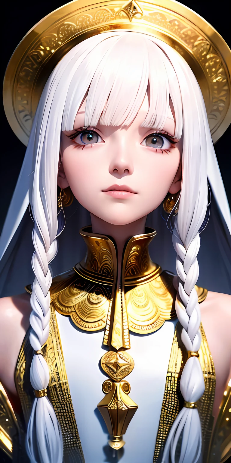best quality, masterpiece,white hair, gold eyes,white clothes, looking up, upper body,hair strand,Fair skin,side braids