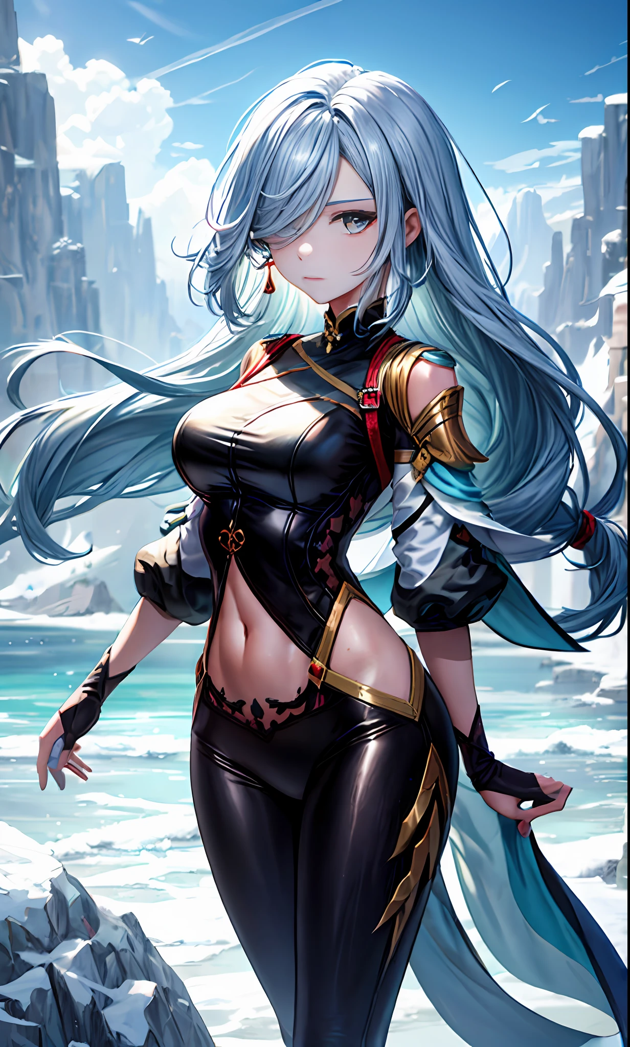 tmasterpiece，best qualtiy，ultra - detailed，8k wallpaper，1girll， light blue  hair， light blue  eyes， nabel，looking at viewert， black colored leggings， groin，seas of mountain， Very long hair， plumw，Pale skin，Wide buttock，One eye is covered with hair，face expressionless，Serious，Mature and sexy，Be red in the face，Blue-white tones，ice element，Mature posture
big\（BodyProportions\），