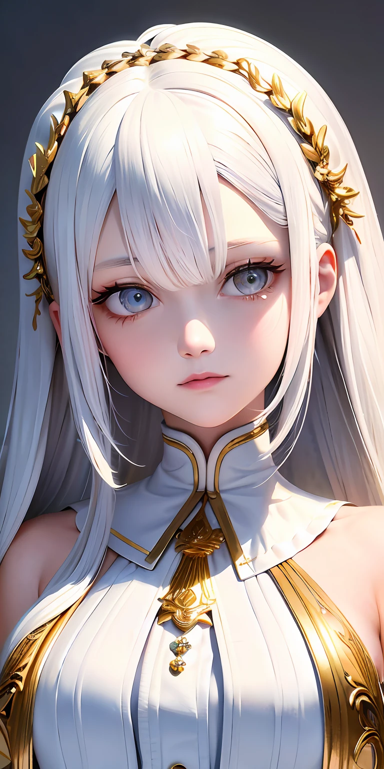 best quality, masterpiece,white hair, gold eyes,white clothes, looking up, upper body,hair strand,Fair skin,side braids