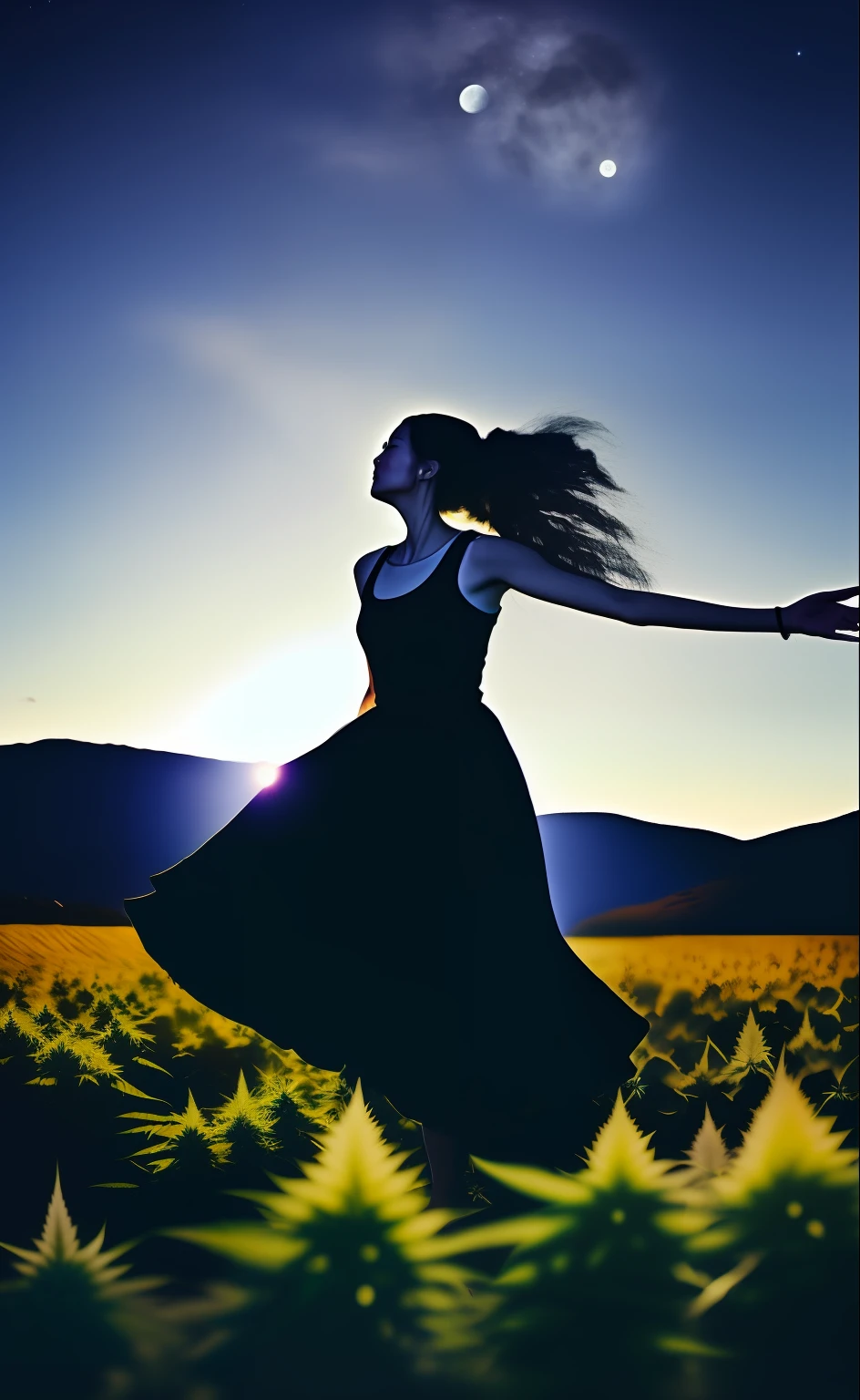 Moonlit in a vast natural environment、Woman dancing in the back of a cannabis field、Slender 30-year-old woman shining only on the moon and starry sky.
